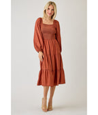 Brown Smocked Midi Dress - Unique Vintage - Womens, DRESSES, MIDI