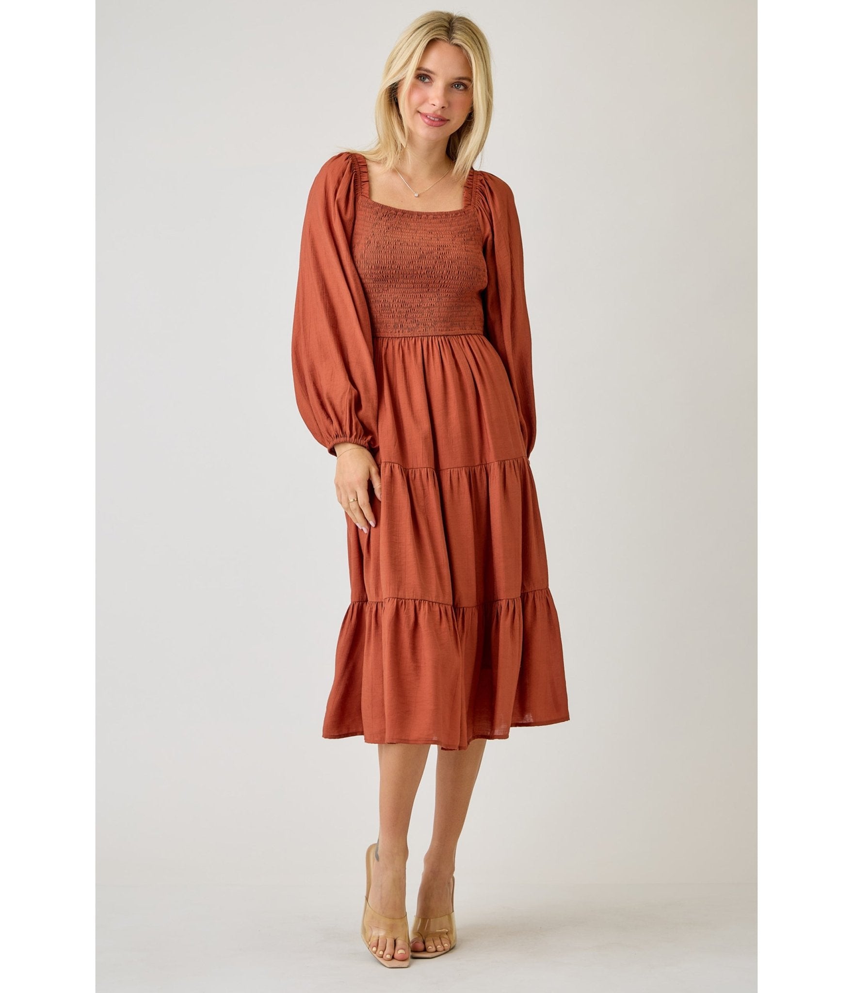 Brown Smocked Midi Dress - Unique Vintage - Womens, DRESSES, MIDI
