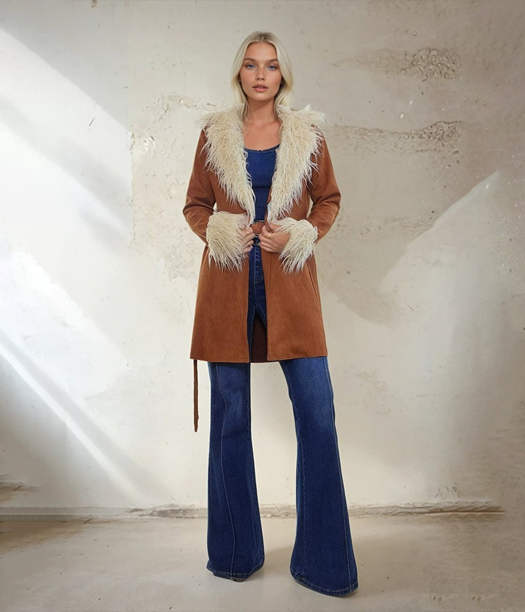 Brown Suede & Cream Fur Penny Lane Coat - Unique Vintage - 