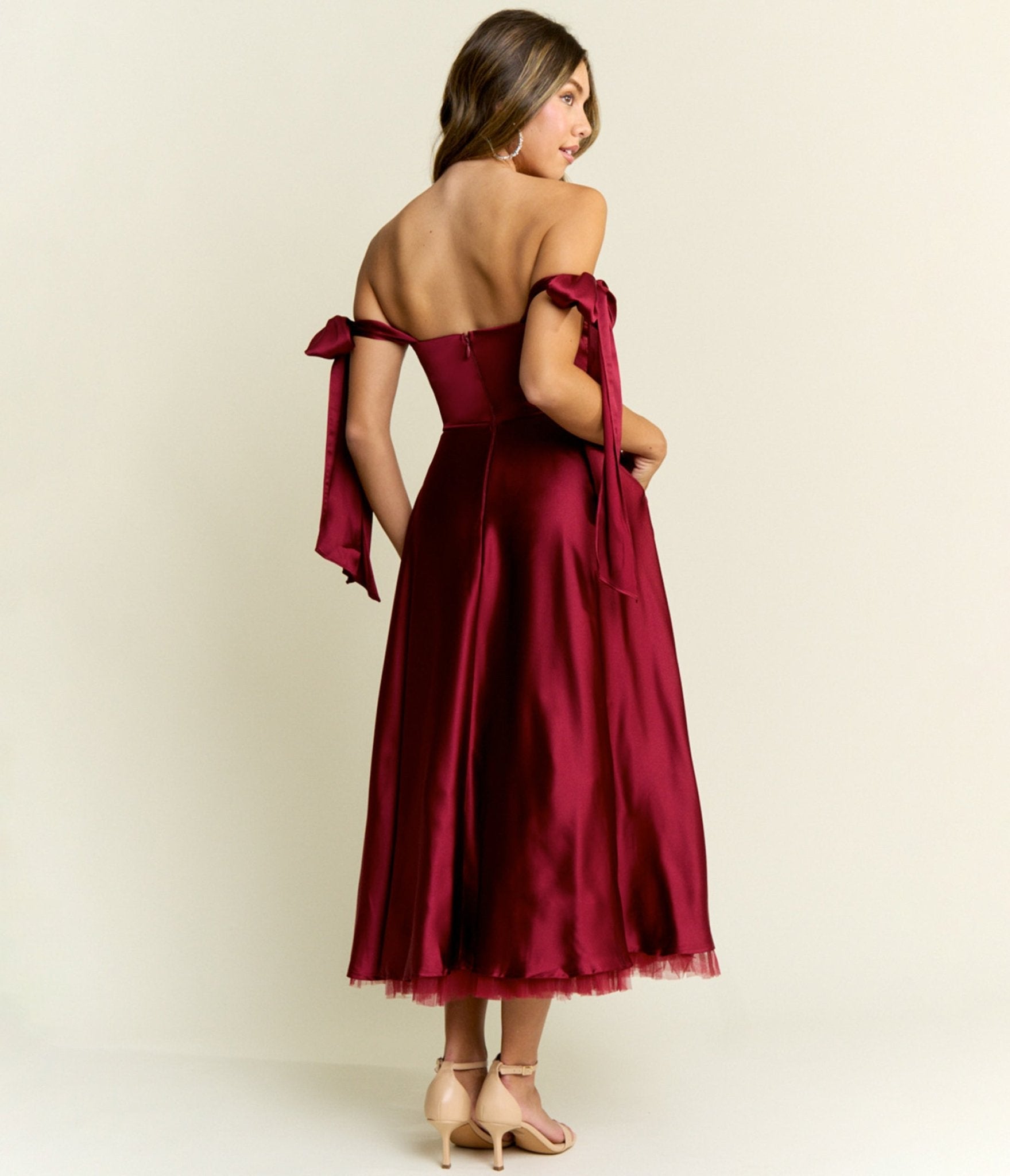 Burgundy Bow Off the Shoulder Midi Dress - Unique Vintage - Womens, DRESSES, A - LINE