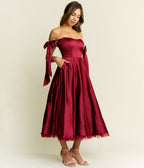 Burgundy Bow Off the Shoulder Midi Dress - Unique Vintage - Womens, DRESSES, A - LINE