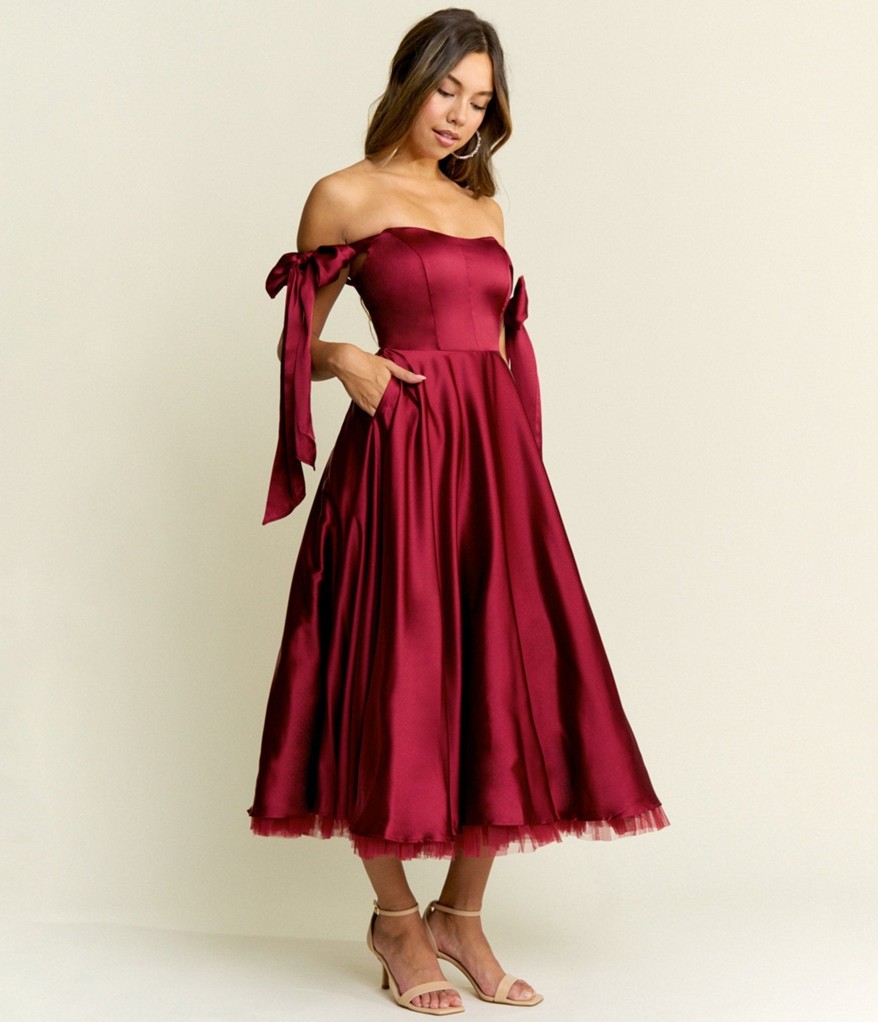 Burgundy Bow Off the Shoulder Midi Dress - Unique Vintage - Womens, DRESSES, A - LINE