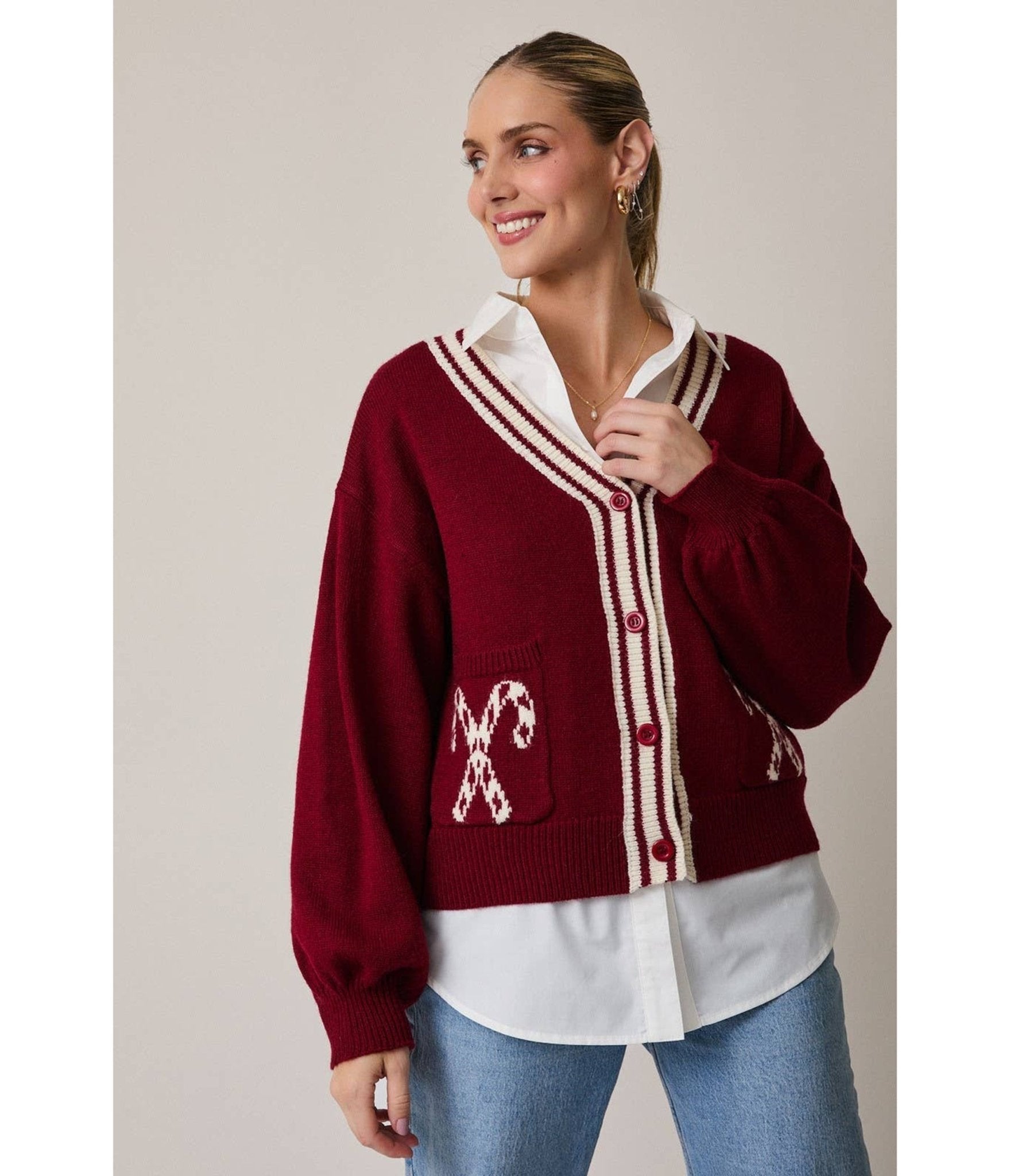Burgundy Candy Cane Cardigan - Unique Vintage - Womens, TOPS, SWEATERS