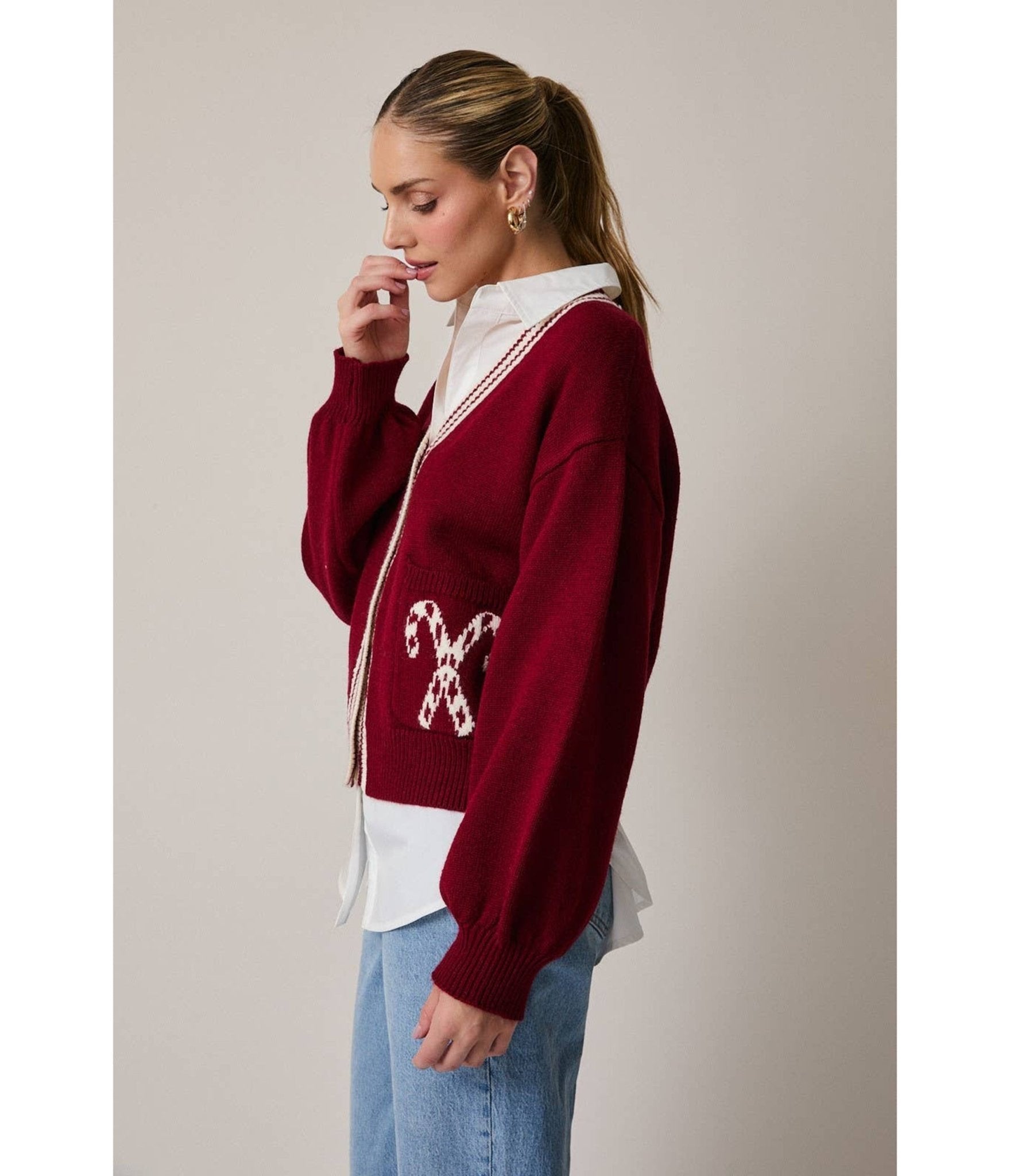 Burgundy Candy Cane Cardigan - Unique Vintage - Womens, TOPS, SWEATERS