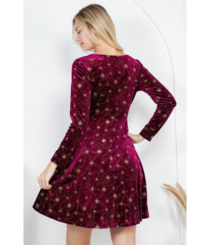 Burgundy Celestial Velvet Mini Dress - Unique Vintage - Womens, DRESSES, FIT AND FLARE