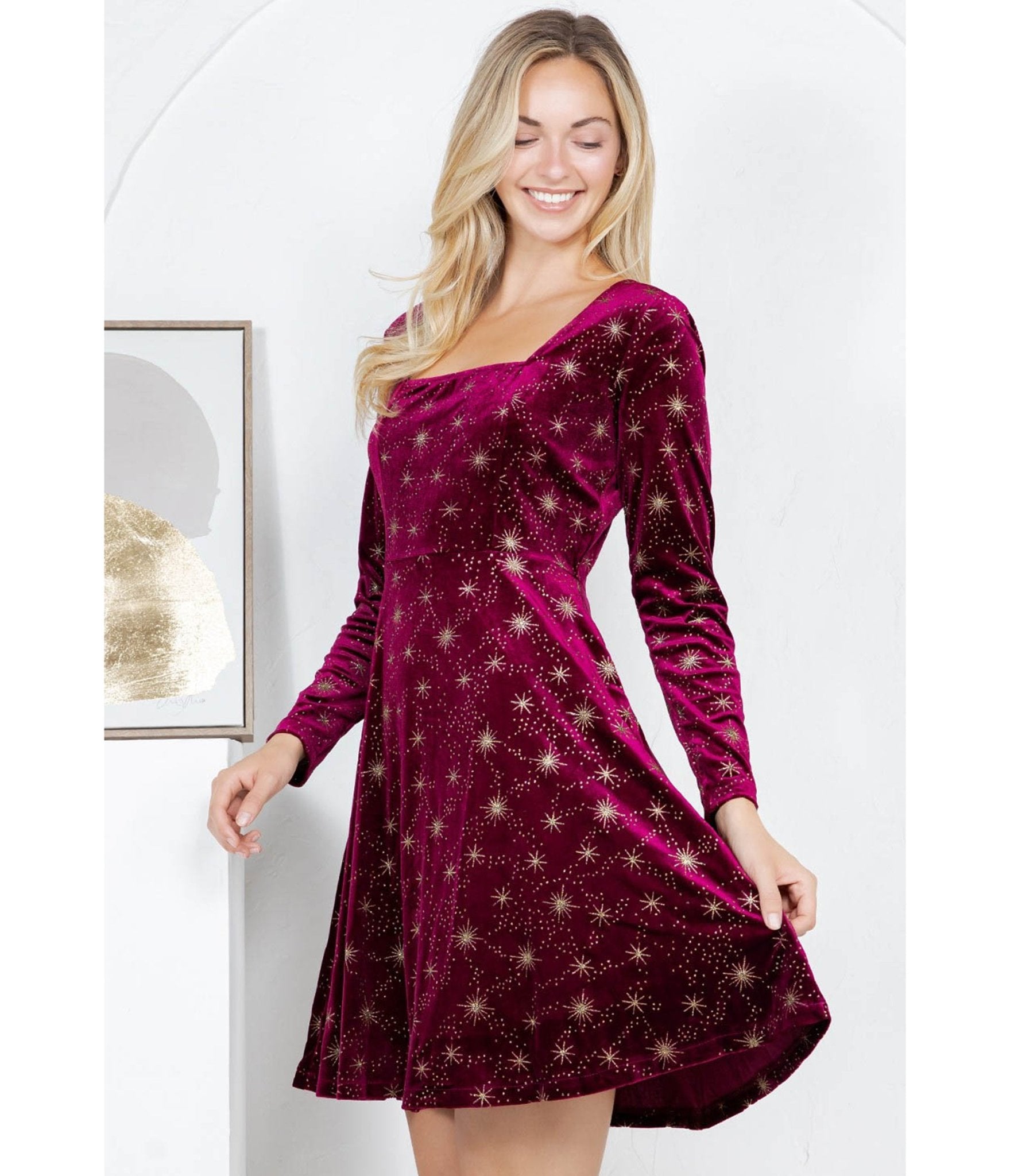 Burgundy Celestial Velvet Mini Dress - Unique Vintage - Womens, DRESSES, FIT AND FLARE