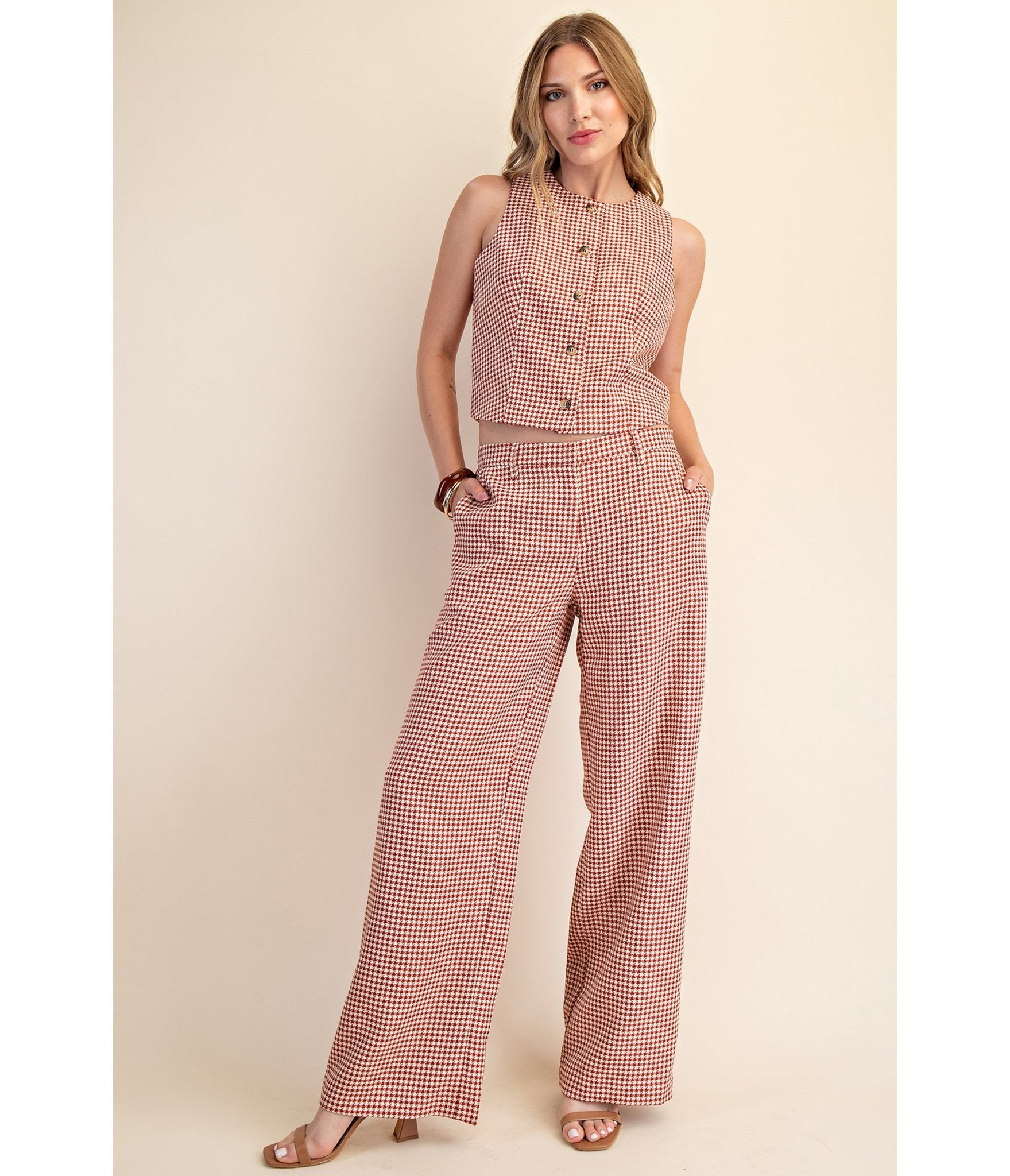 Burgundy Houndstooth Pants - Unique Vintage - Womens, BOTTOMS, PANTS