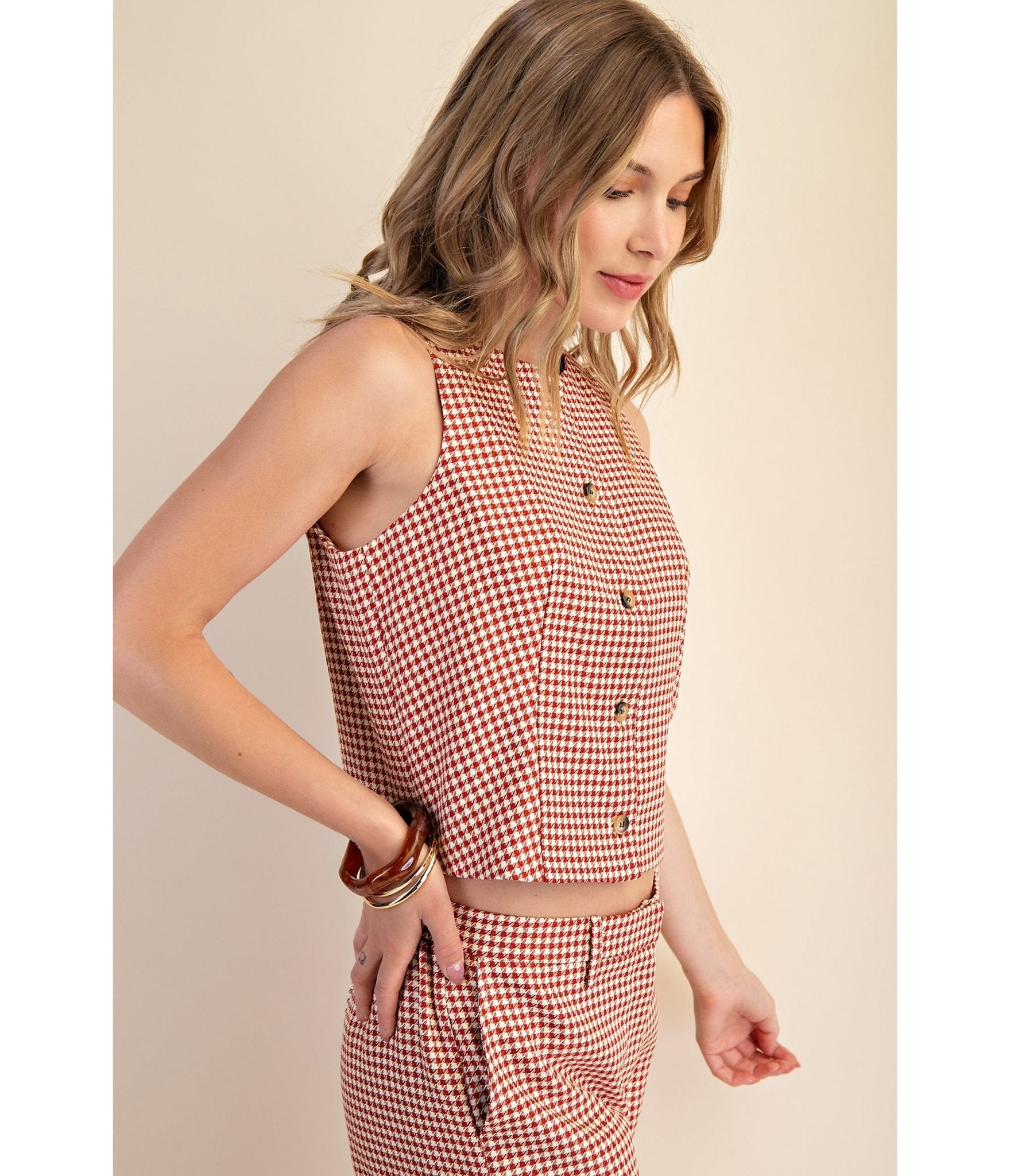 Burgundy Houndstooth Sleeveless Blouse - Unique Vintage - Womens, TOPS, WOVEN TOPS