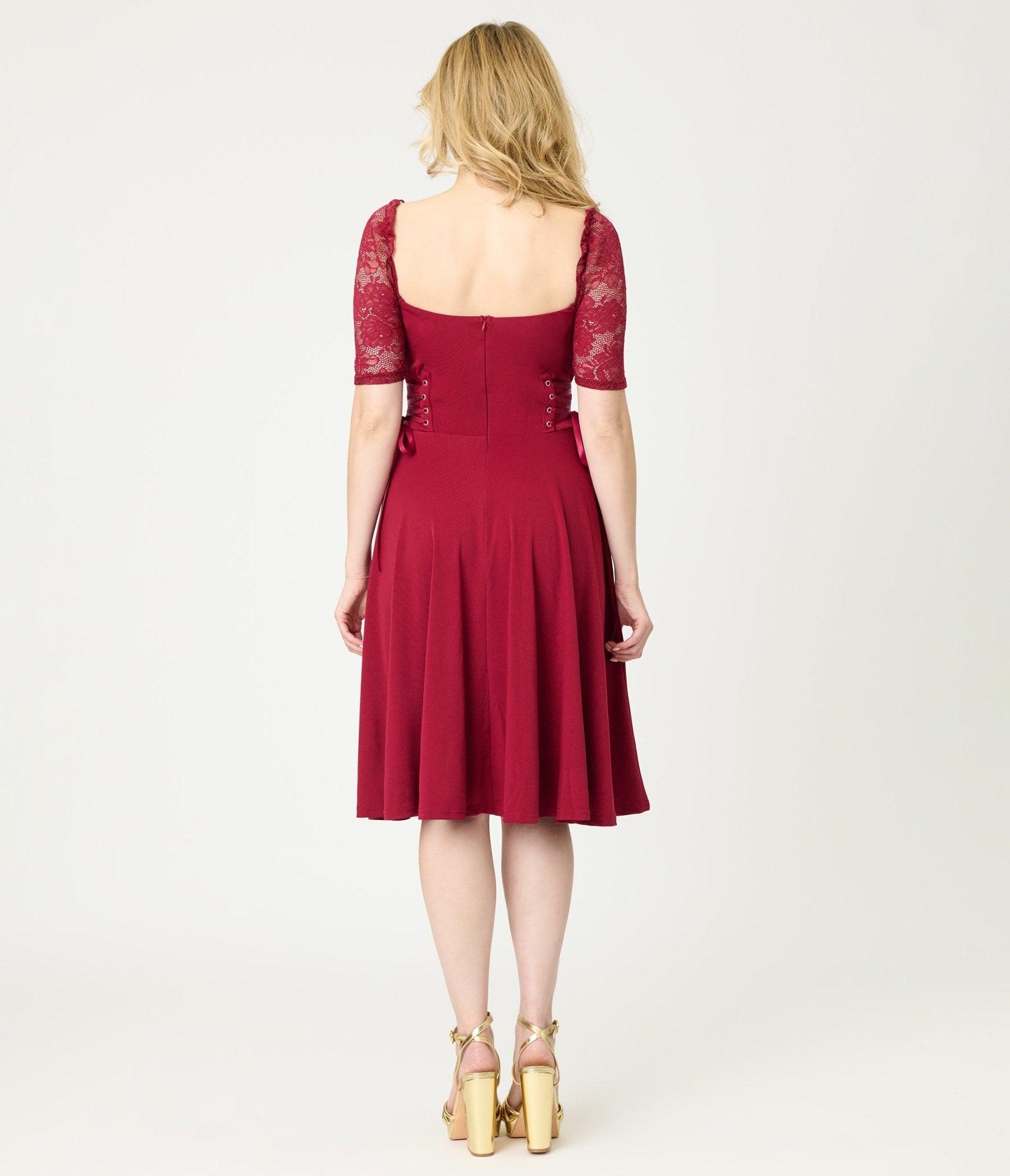 Burgundy Lace Sleeve Swing Dress - Unique Vintage - Womens, DRESSES, SWING