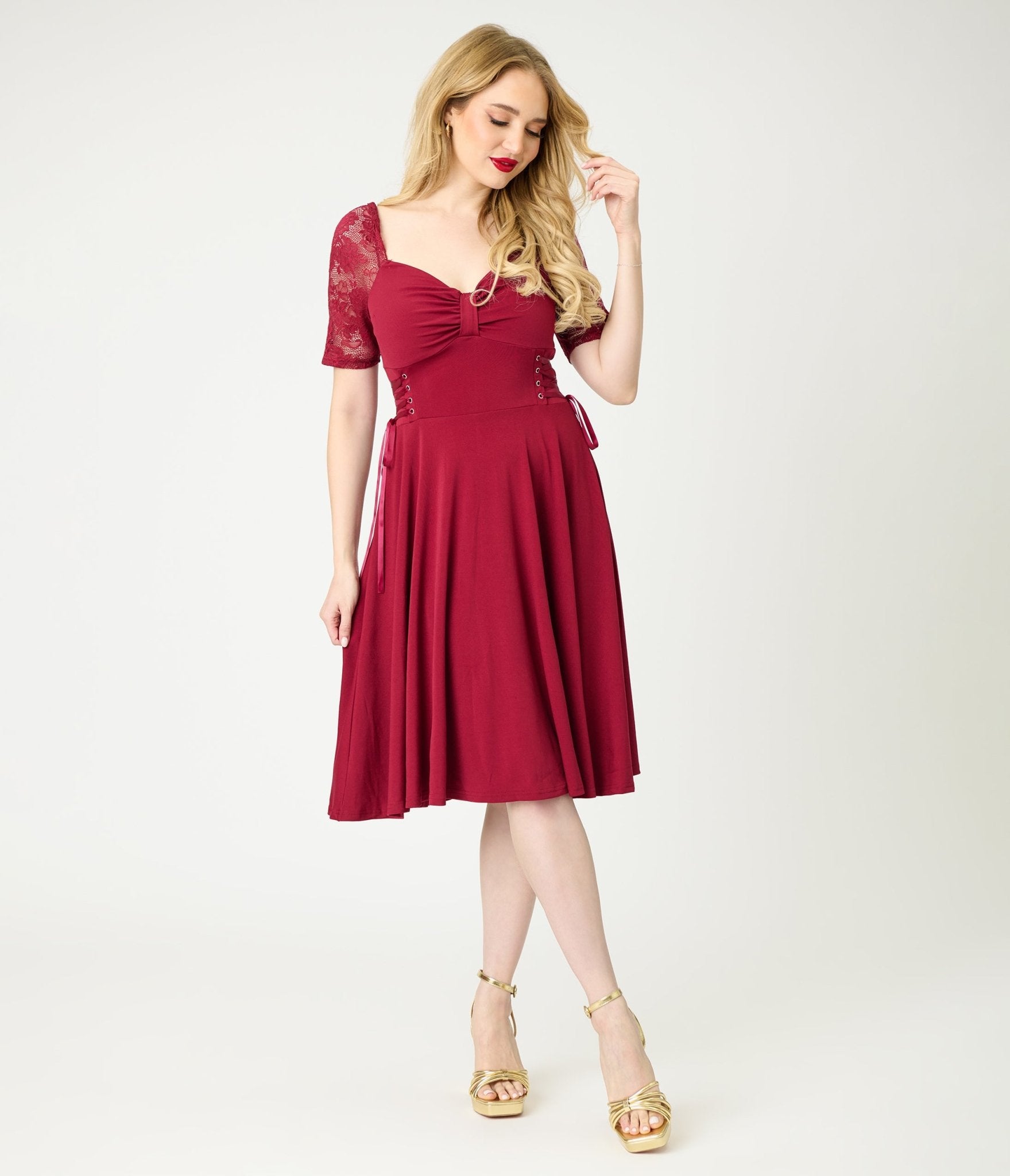 Burgundy Lace Sleeve Swing Dress - Unique Vintage - Womens, DRESSES, SWING