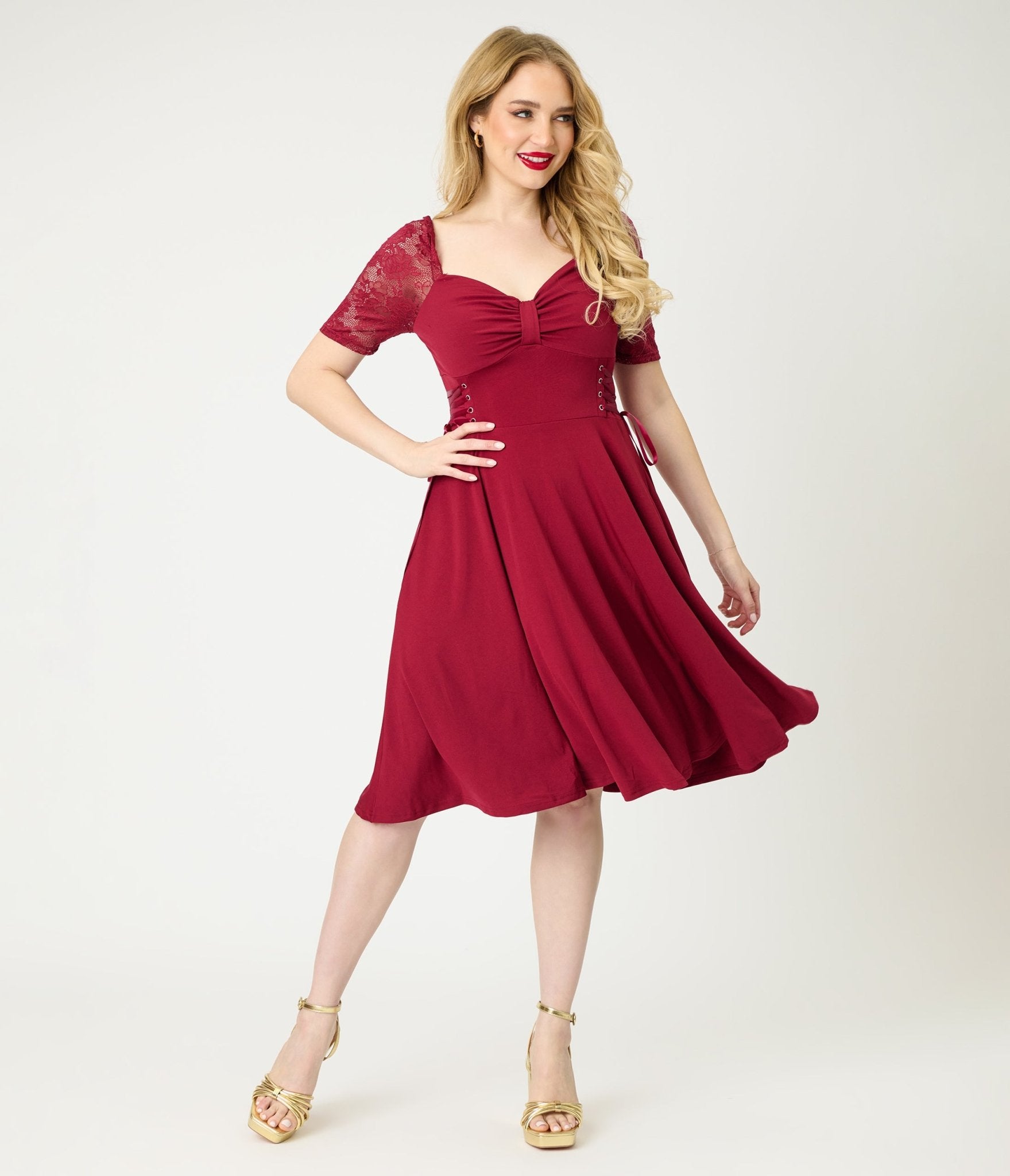 Burgundy Lace Sleeve Swing Dress - Unique Vintage - Womens, DRESSES, SWING