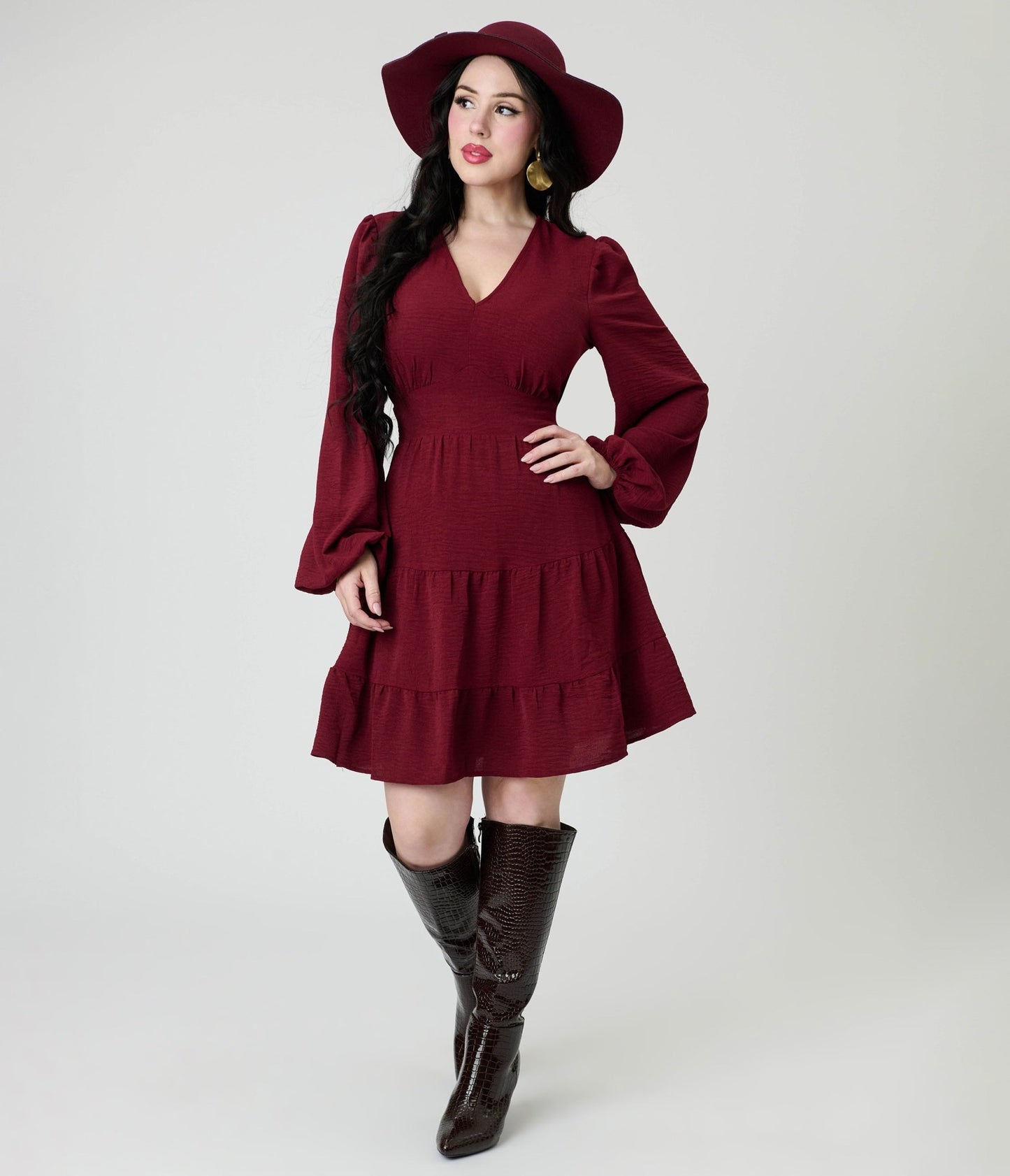 Burgundy Long Sleeve Mini Dress - Unique Vintage - Womens, DRESSES, FIT AND FLARE
