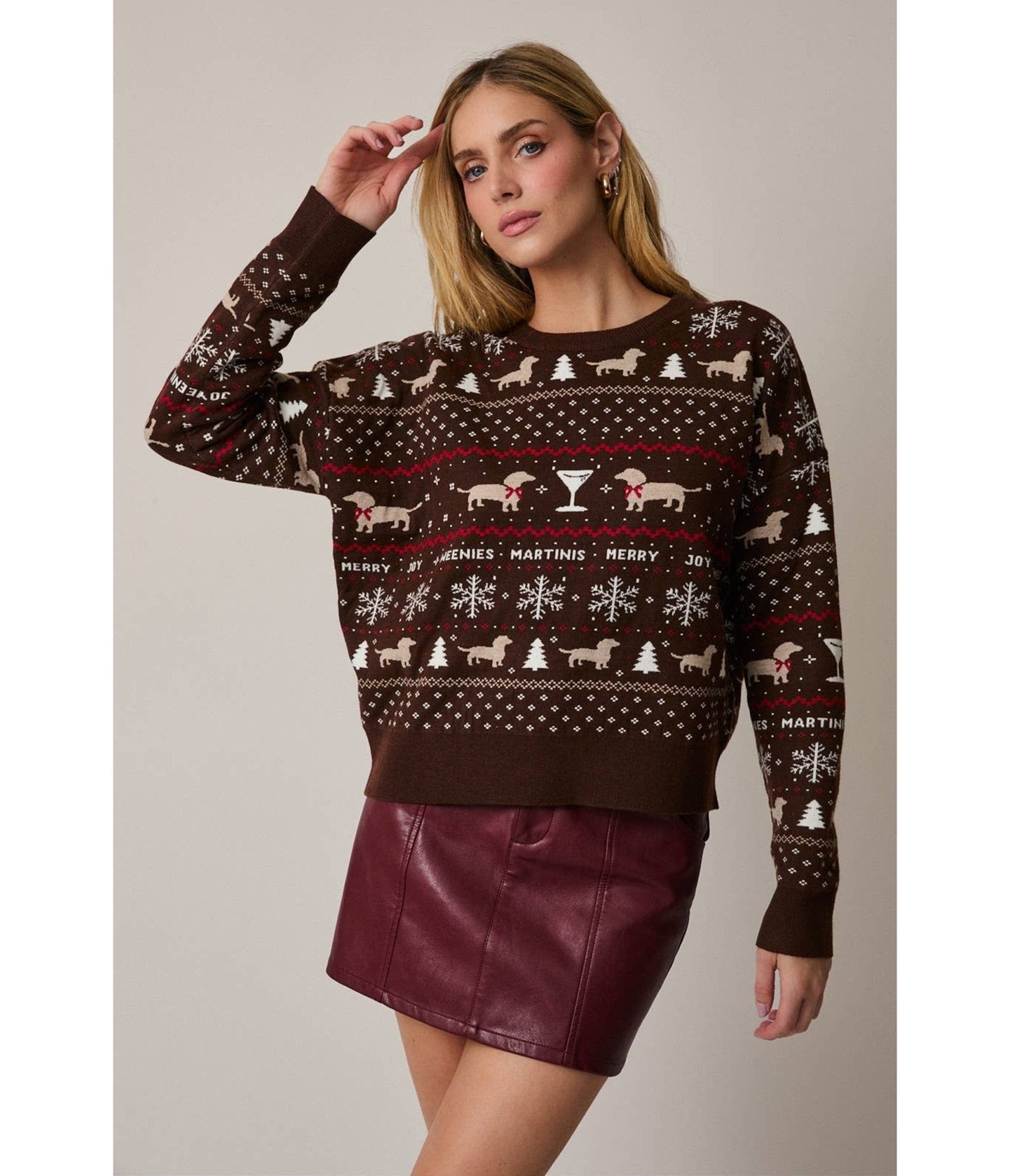 Burgundy Merry Martini Dogs Fair Isle Sweater - Unique Vintage - Womens, TOPS, SWEATERS