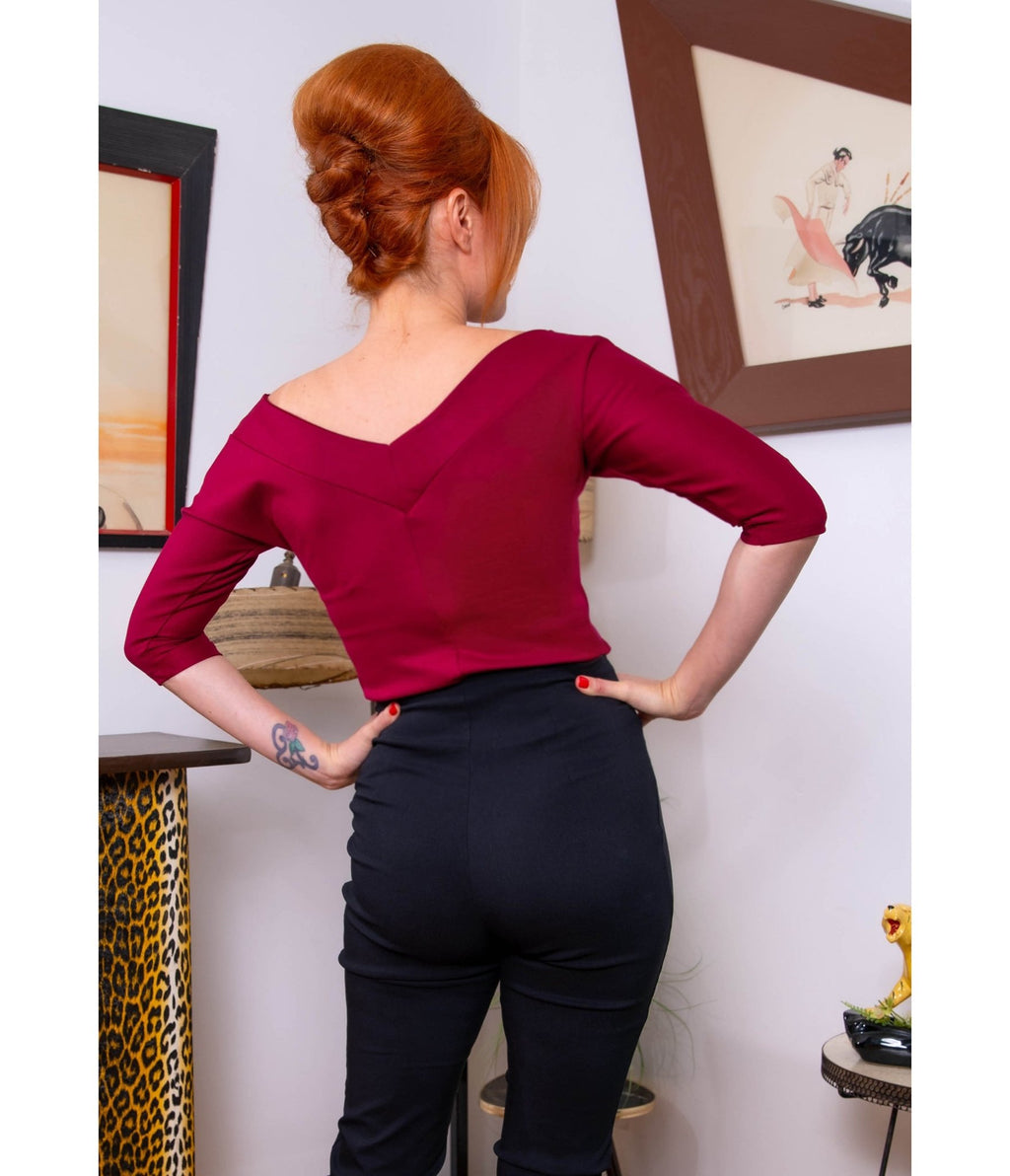 Burgundy Midcentury V-Neck Top - Unique Vintage - Womens, TOPS, WOVEN TOPS