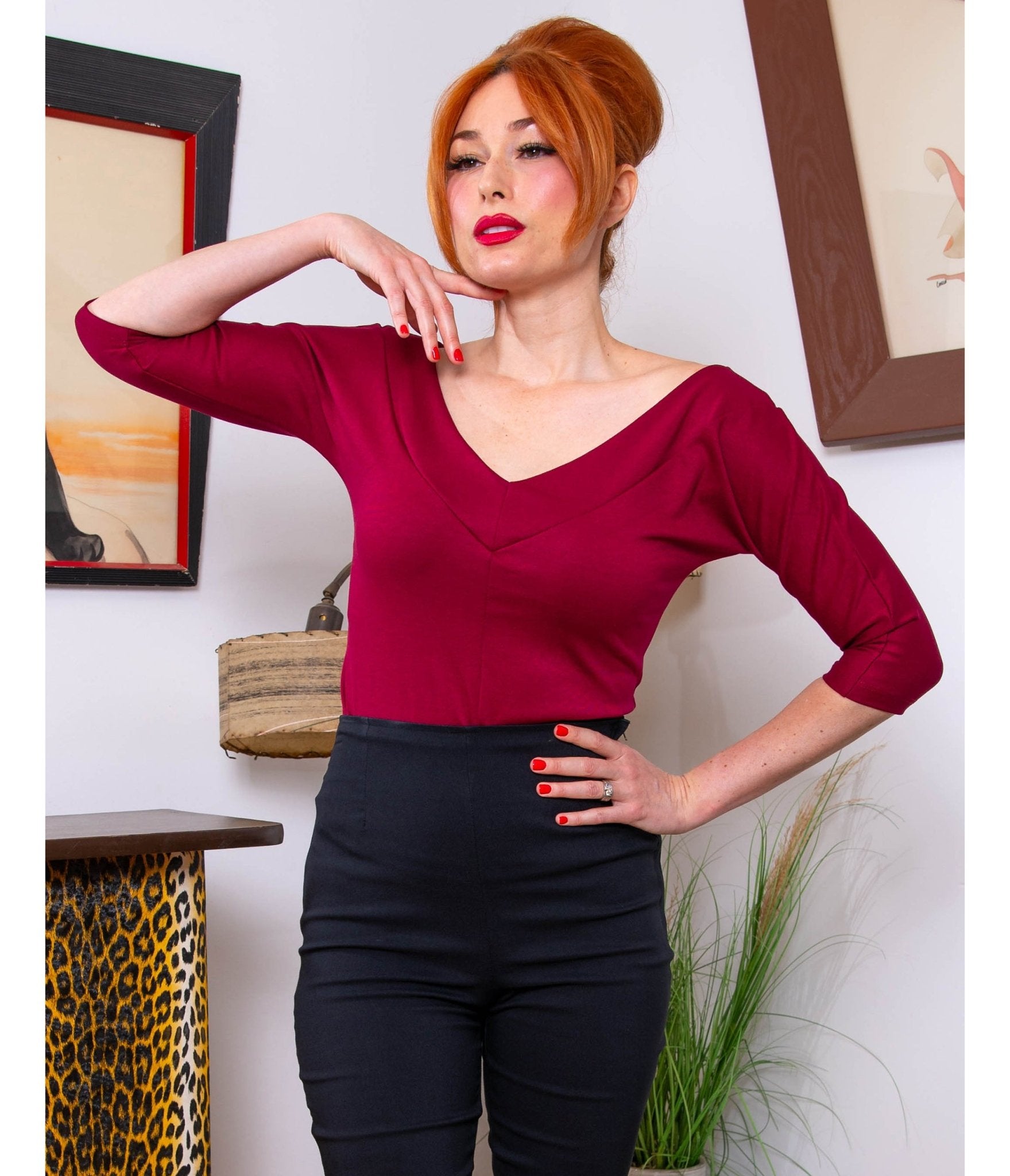 Burgundy Midcentury V-Neck Top - Unique Vintage - Womens, TOPS, WOVEN TOPS