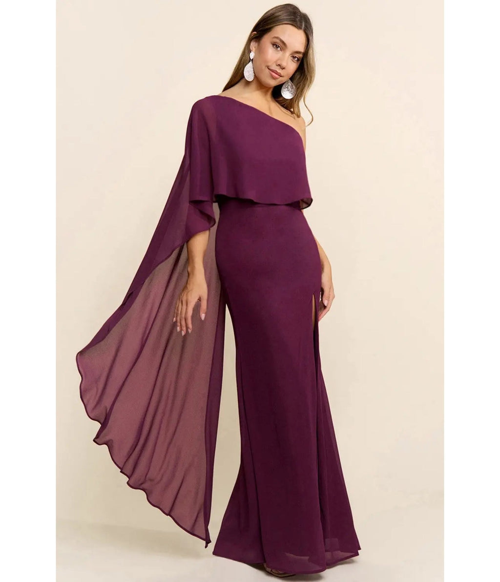 Burgundy One-Shoulder Cape Maxi Dress - Unique Vintage - Womens, DRESSES, MAXI