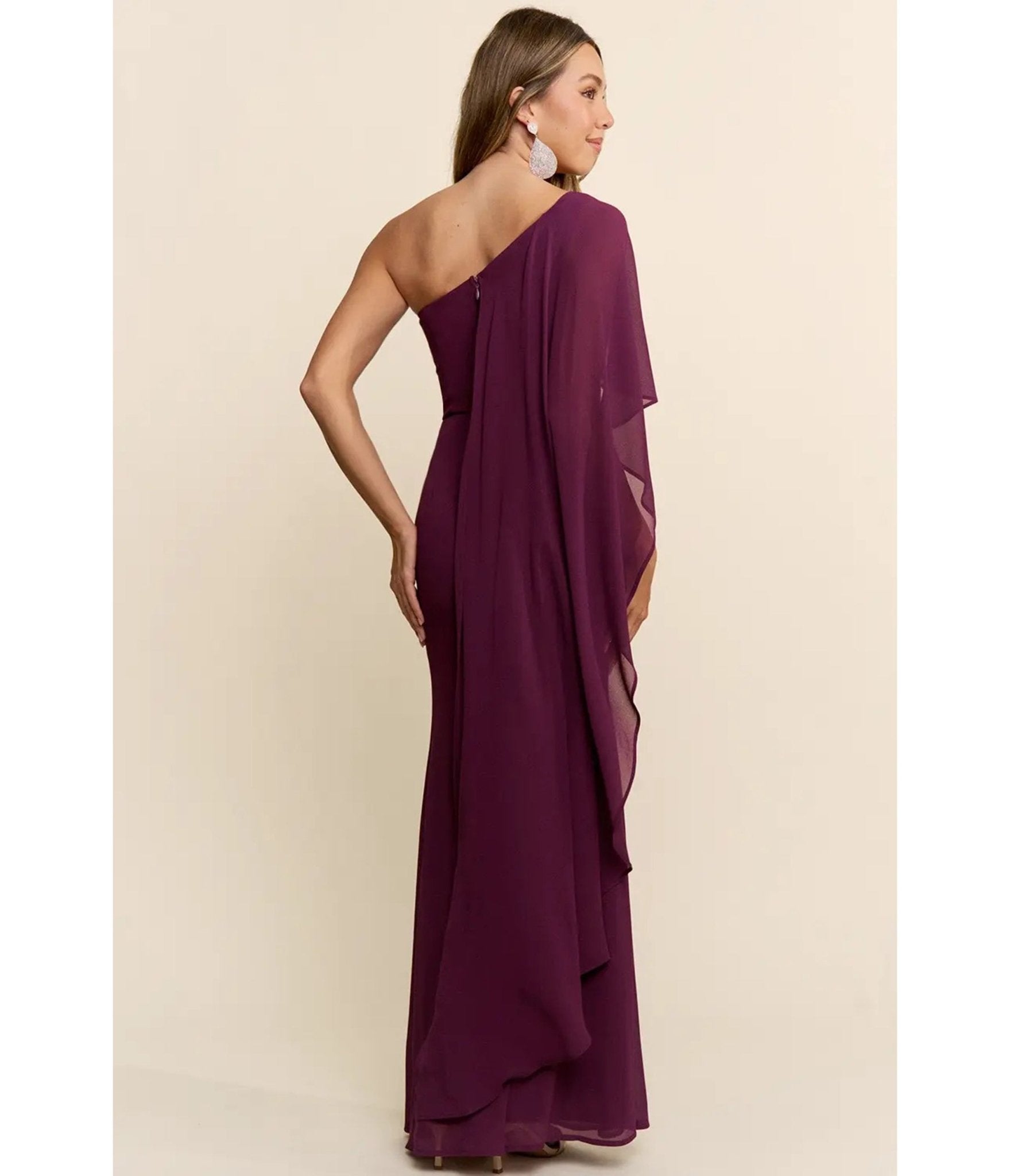 Burgundy One-Shoulder Cape Maxi Dress - Unique Vintage - Womens, DRESSES, MAXI