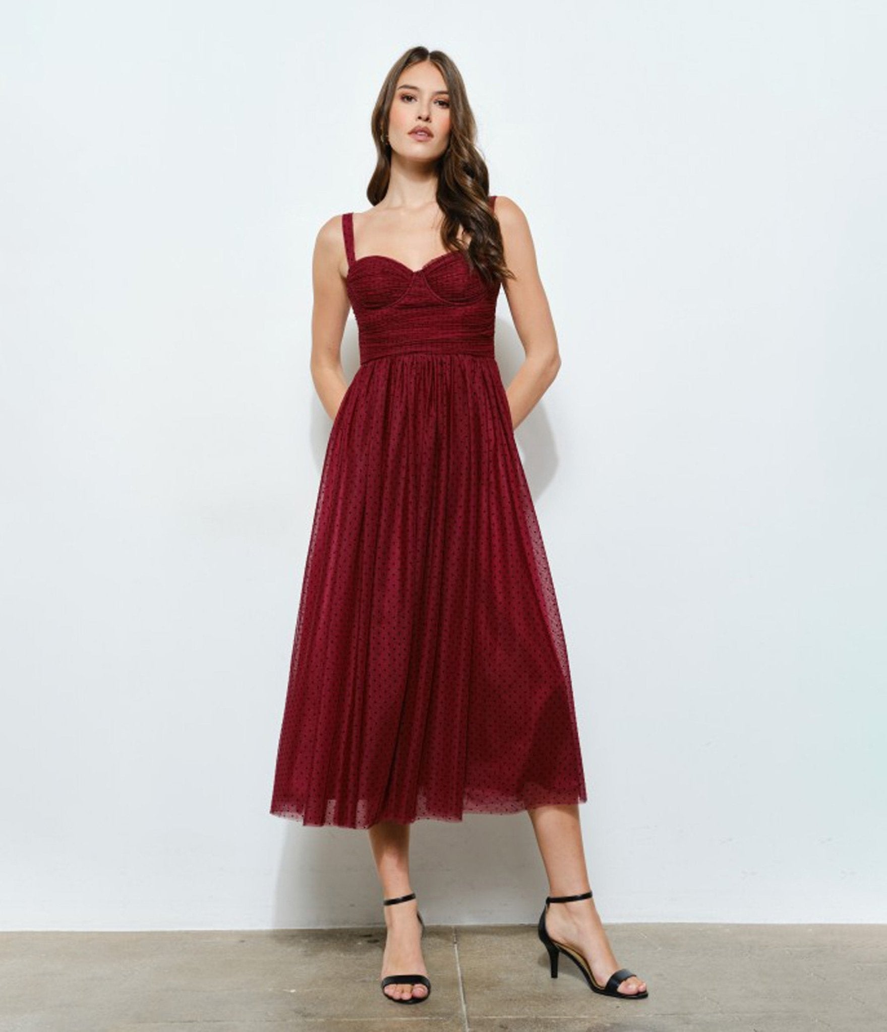 Burgundy Polka Dot Tulle Midi Dress - Unique Vintage - 