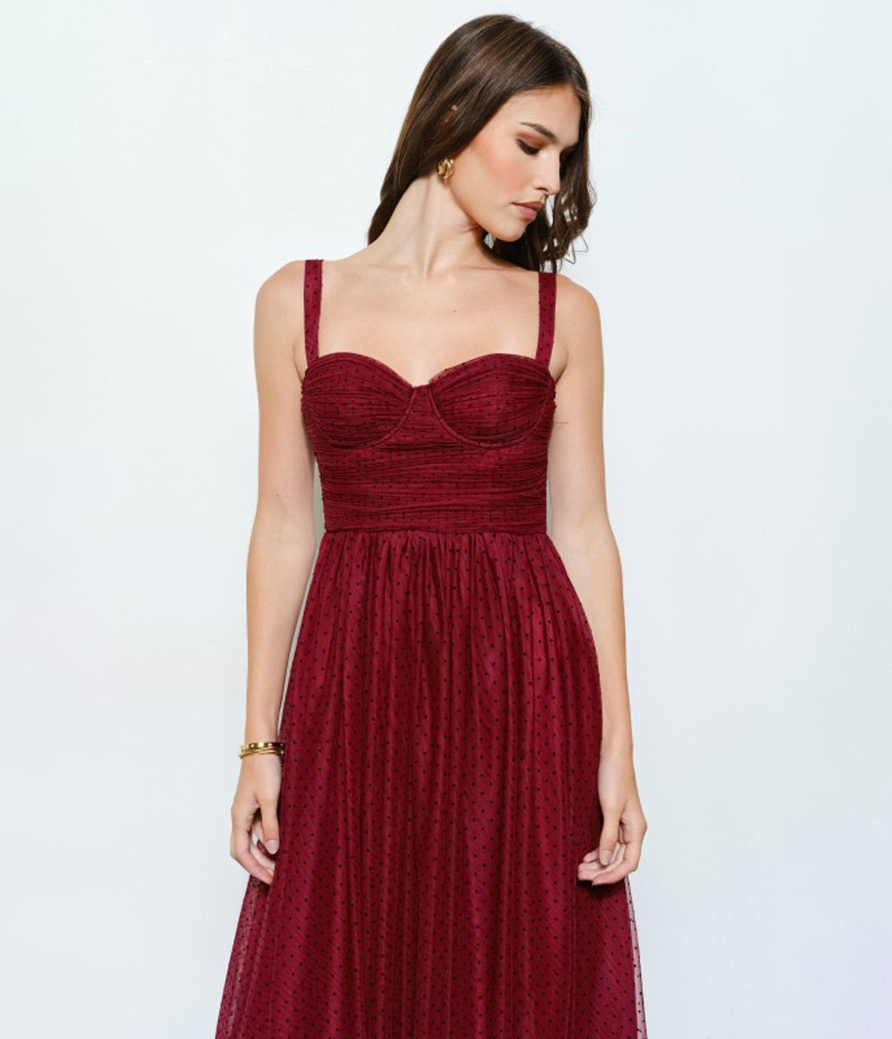 Burgundy Polka Dot Tulle Midi Dress - Unique Vintage - 