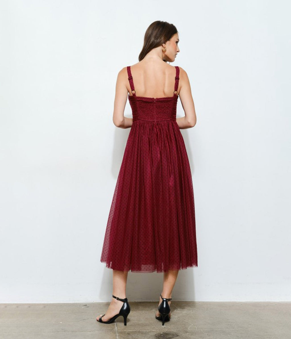 Burgundy Polka Dot Tulle Midi Dress - Unique Vintage - 