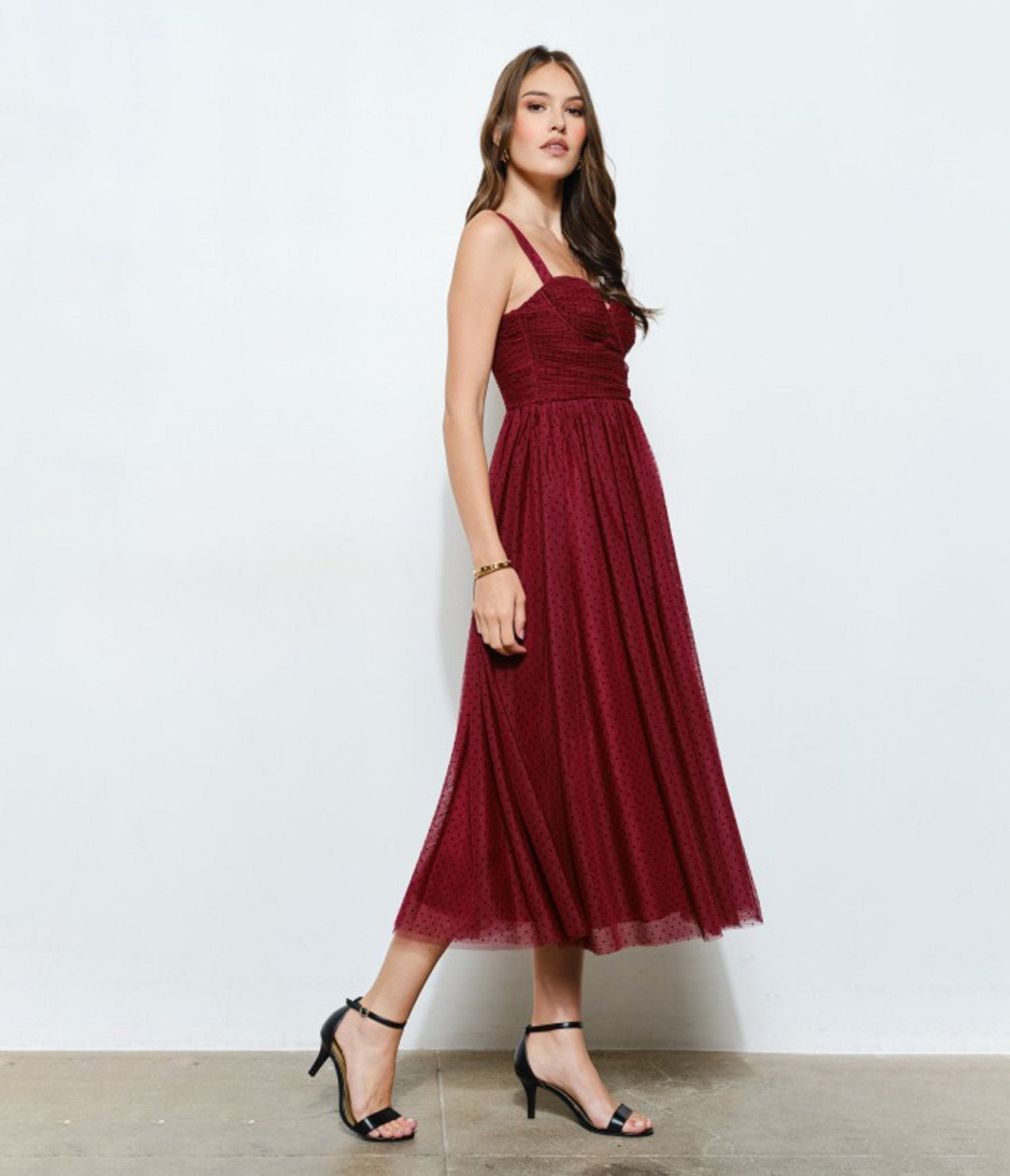 Burgundy Polka Dot Tulle Midi Dress - Unique Vintage - 