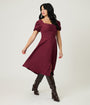 Burgundy Puff Sleeve Tea Length Dress