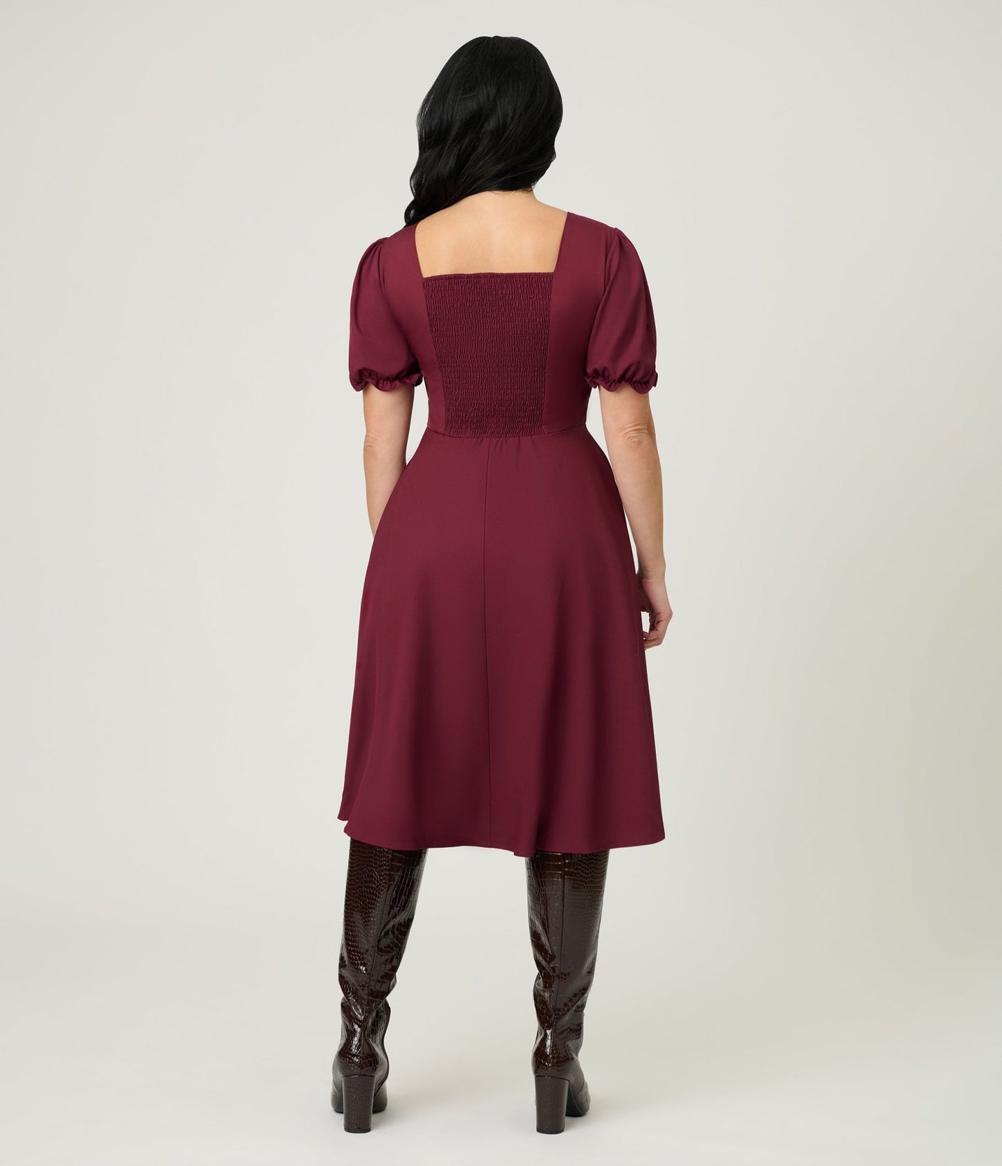 Burgundy Puff Sleeve Tea Length Dress - Unique Vintage - Womens, DRESSES, FIT AND FLARE
