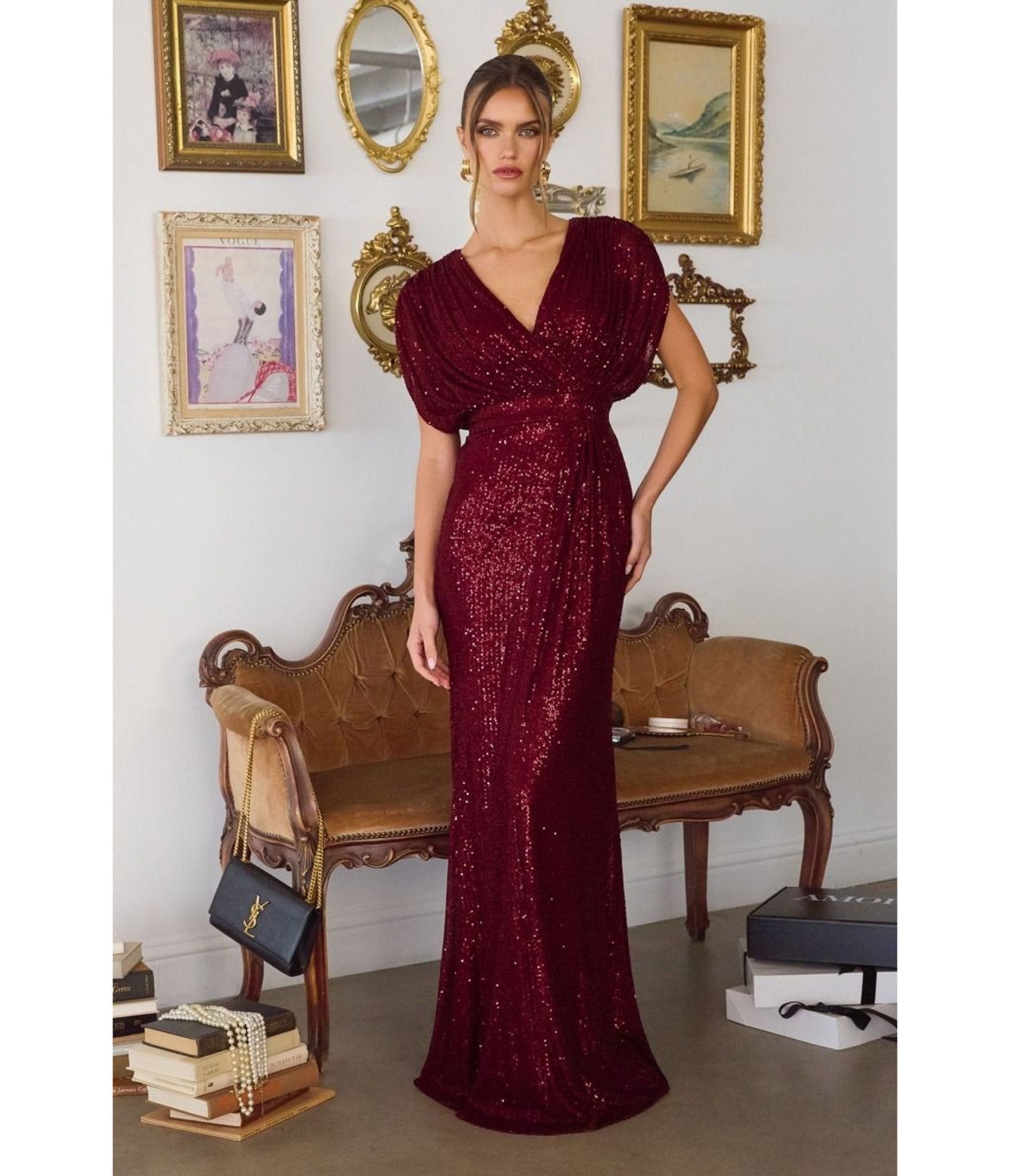 Burgundy Sequin Formal Gown - Unique Vintage - Womens, DRESSES, PROM AND SPECIAL OCCASION