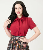 Burgundy Short Sleeve Bow Blouse - Unique Vintage - Womens, TOPS, SHIRTS