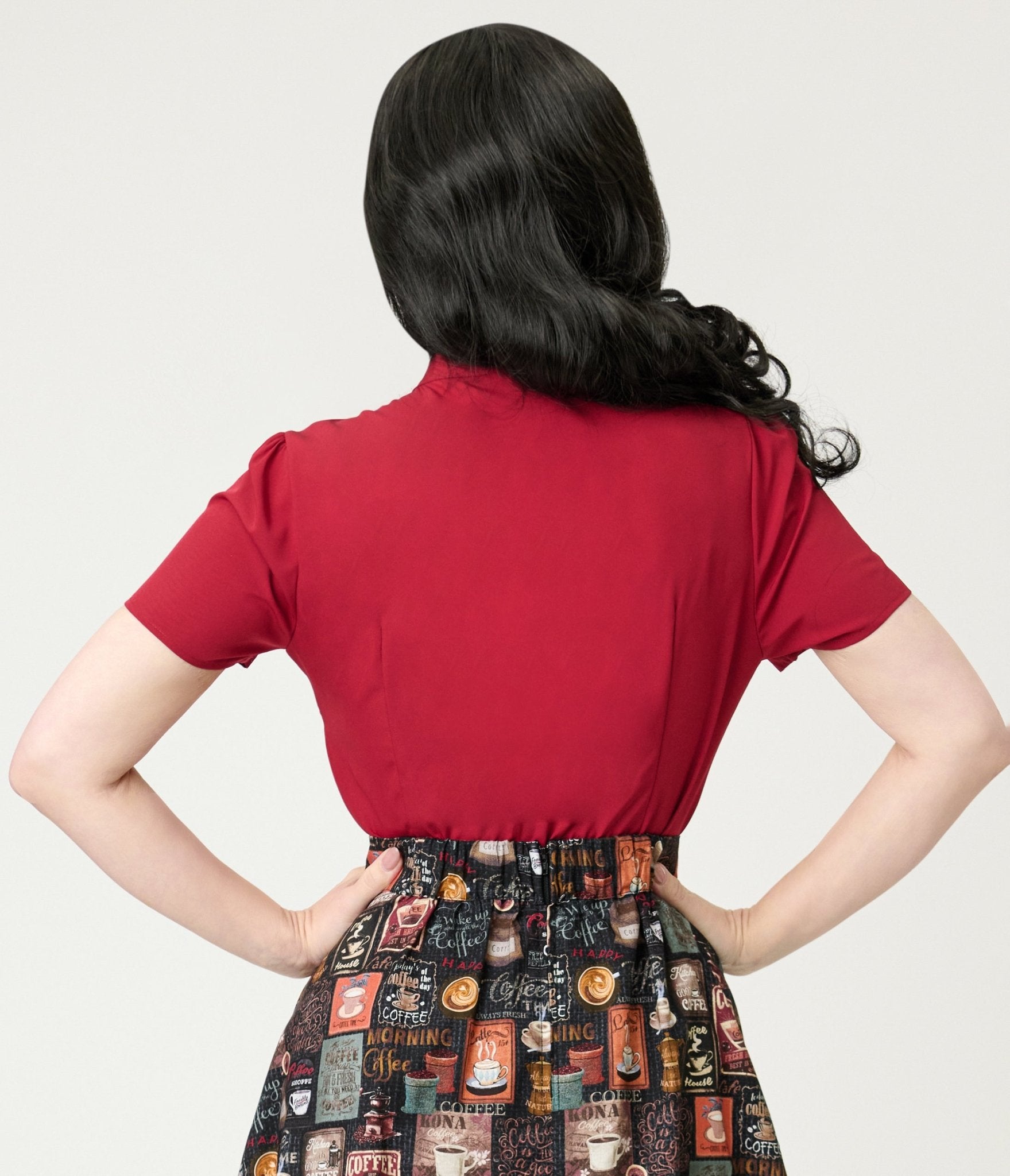 Burgundy Short Sleeve Bow Blouse - Unique Vintage - Womens, TOPS, SHIRTS