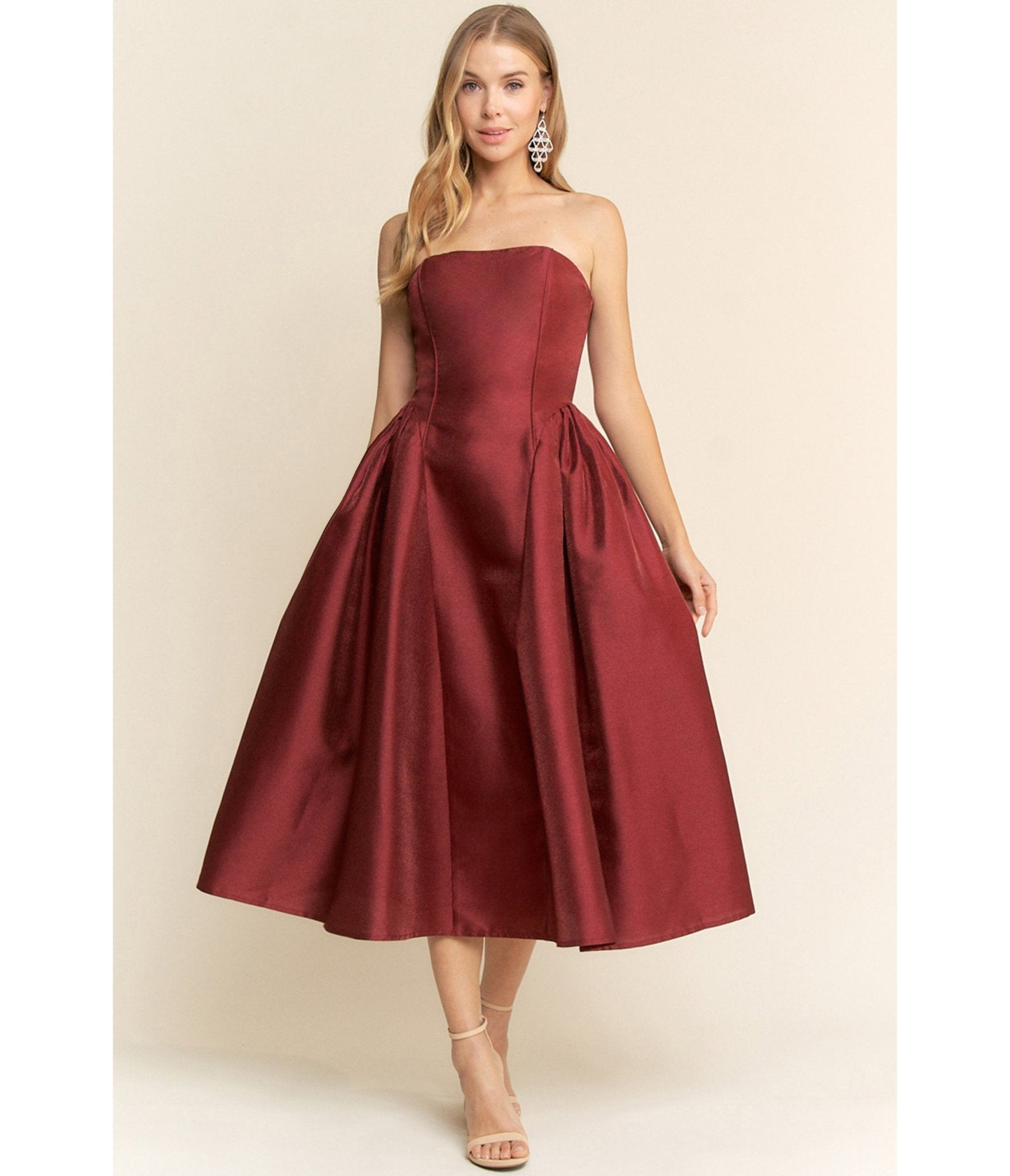 Burgundy Strapless Midi Dress - Unique Vintage - Womens, DRESSES, MIDI