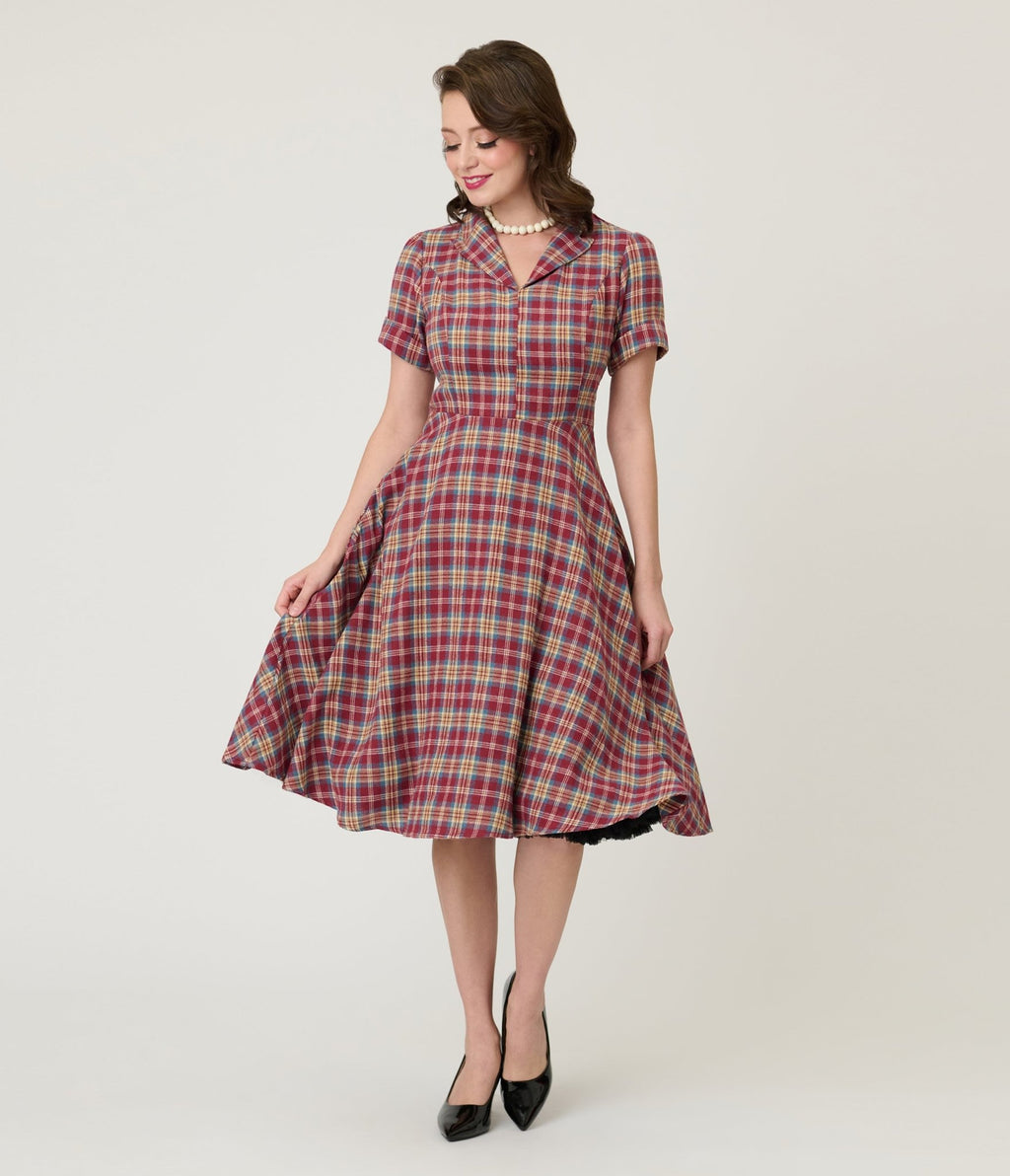 Burgundy & Tan Plaid Swing Dress - Unique Vintage - Womens, DRESSES, FIT AND FLARE