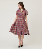 Burgundy & Tan Plaid Swing Dress - Unique Vintage - Womens, DRESSES, FIT AND FLARE