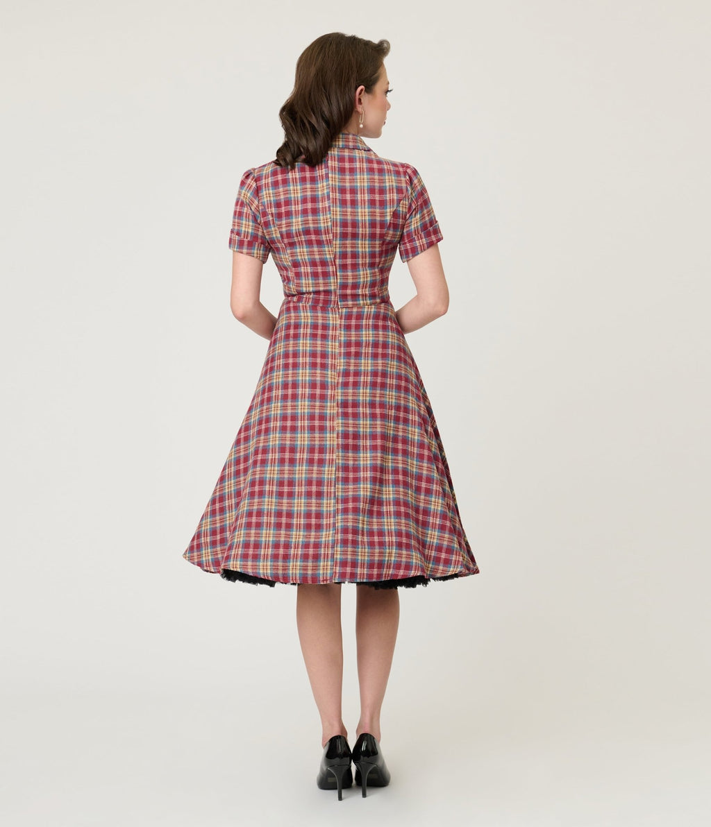 Burgundy & Tan Plaid Swing Dress - Unique Vintage - Womens, DRESSES, FIT AND FLARE
