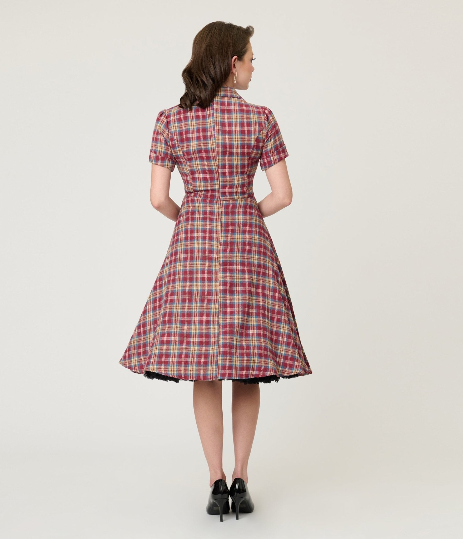 Burgundy & Tan Plaid Swing Dress - Unique Vintage - Womens, DRESSES, FIT AND FLARE