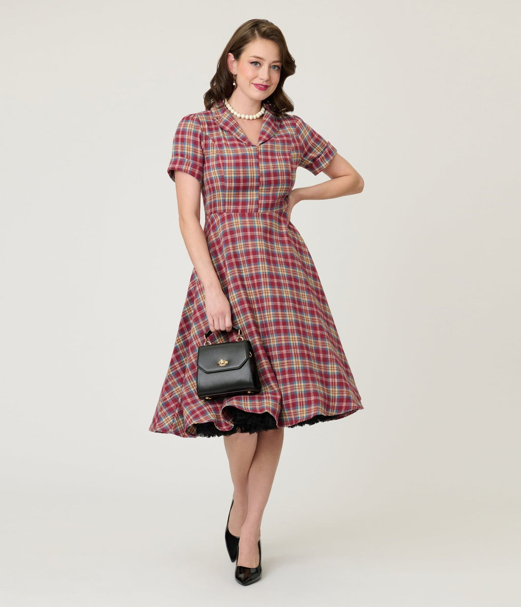 blue dress for baby girl Le Lis Women's Good Mistake Plaid Deep V-Neck Midi Dress in Burgundy/Taupe