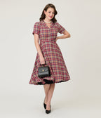 Burgundy & Tan Plaid Swing Dress - Unique Vintage - Womens, DRESSES, FIT AND FLARE