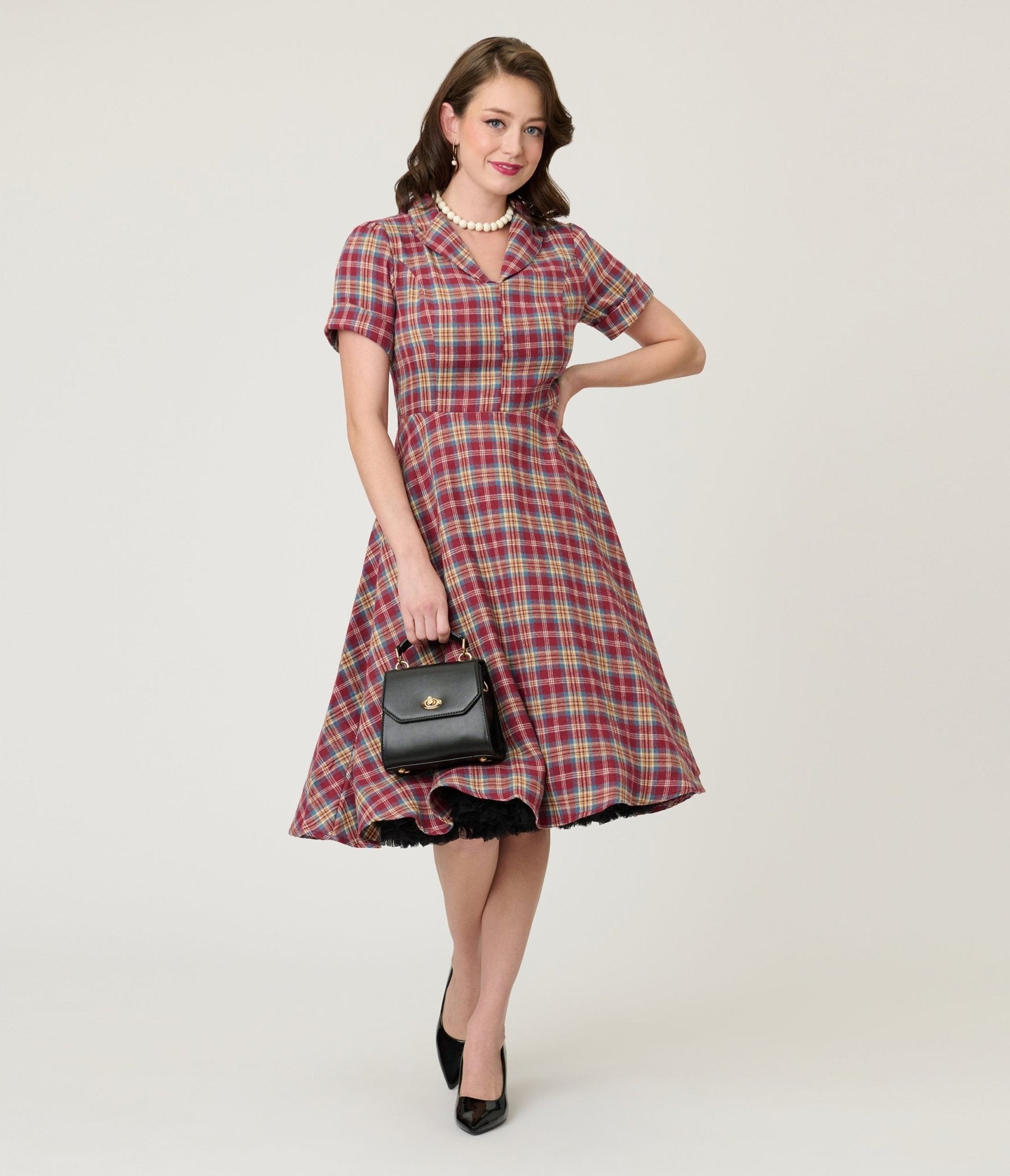 Burgundy & Tan Plaid Swing Dress - Unique Vintage - Womens, DRESSES, FIT AND FLARE