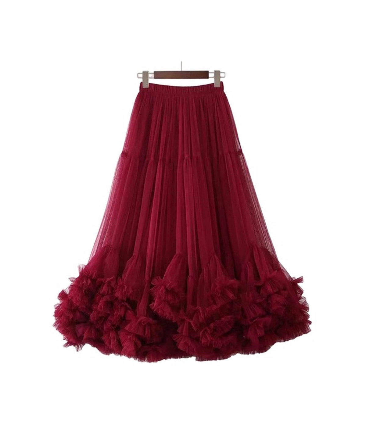 Burgundy Tulle Tiered Ruffle Long Petticoat Crinoline - Unique Vintage - Petticoats