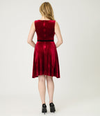 Burgundy Velvet Belted Swing Dress - Unique Vintage - Womens, DRESSES, SWING