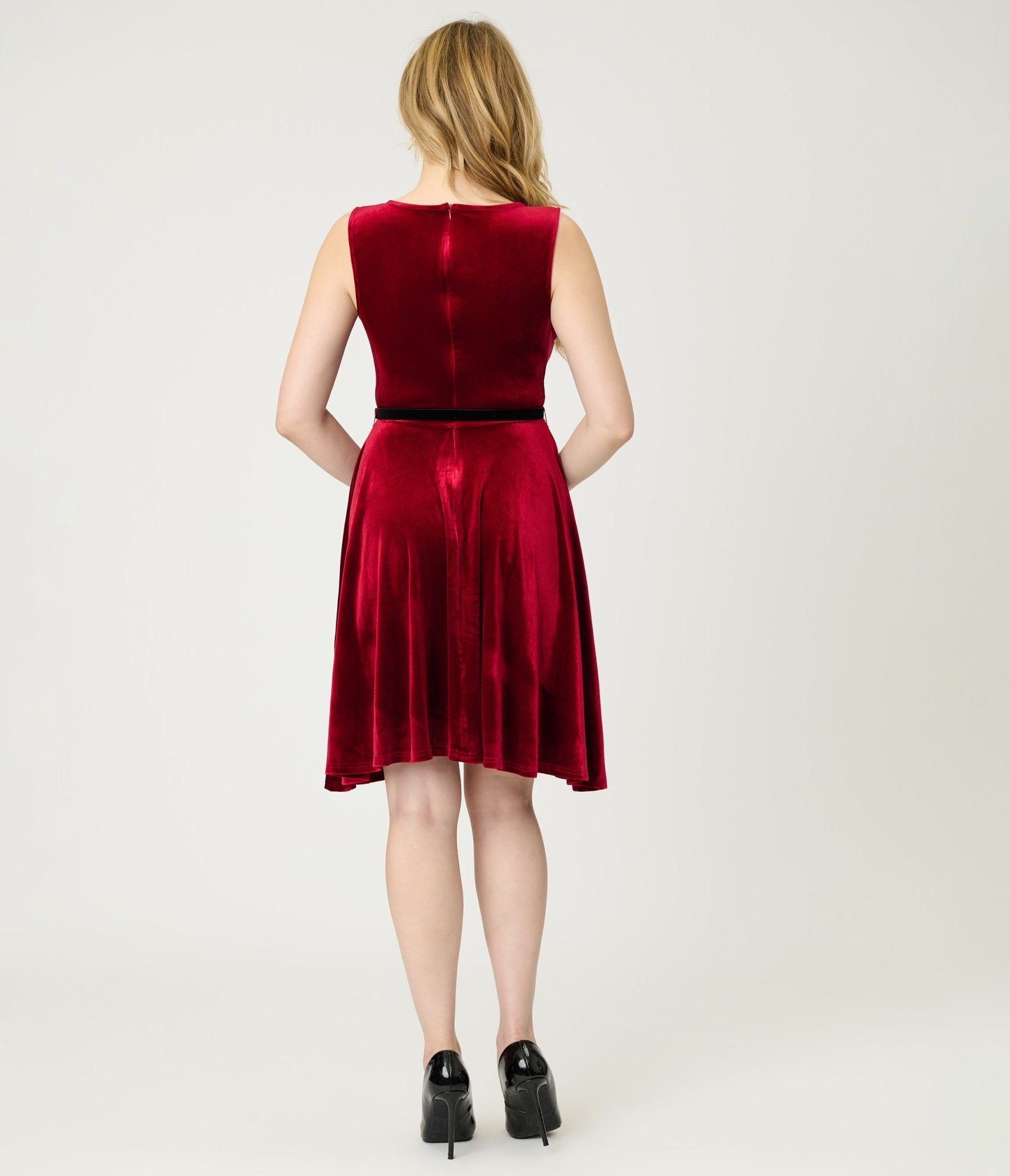 Burgundy Velvet Belted Swing Dress - Unique Vintage - Womens, DRESSES, SWING