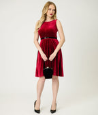 Burgundy Velvet Belted Swing Dress - Unique Vintage - Womens, DRESSES, SWING