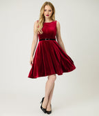 Burgundy Velvet Belted Swing Dress - Unique Vintage - Womens, DRESSES, SWING