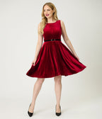 Burgundy Velvet Belted Swing Dress - Unique Vintage - Womens, DRESSES, SWING
