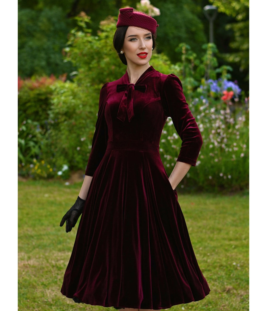 Burgundy Velvet Sylvie Swing Dress - Unique Vintage - Womens, DRESSES, SWING