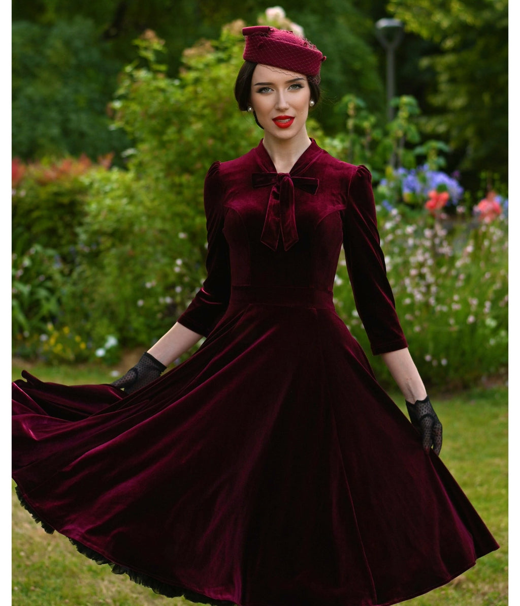 Burgundy Velvet Sylvie Swing Dress - Unique Vintage - Womens, DRESSES, SWING