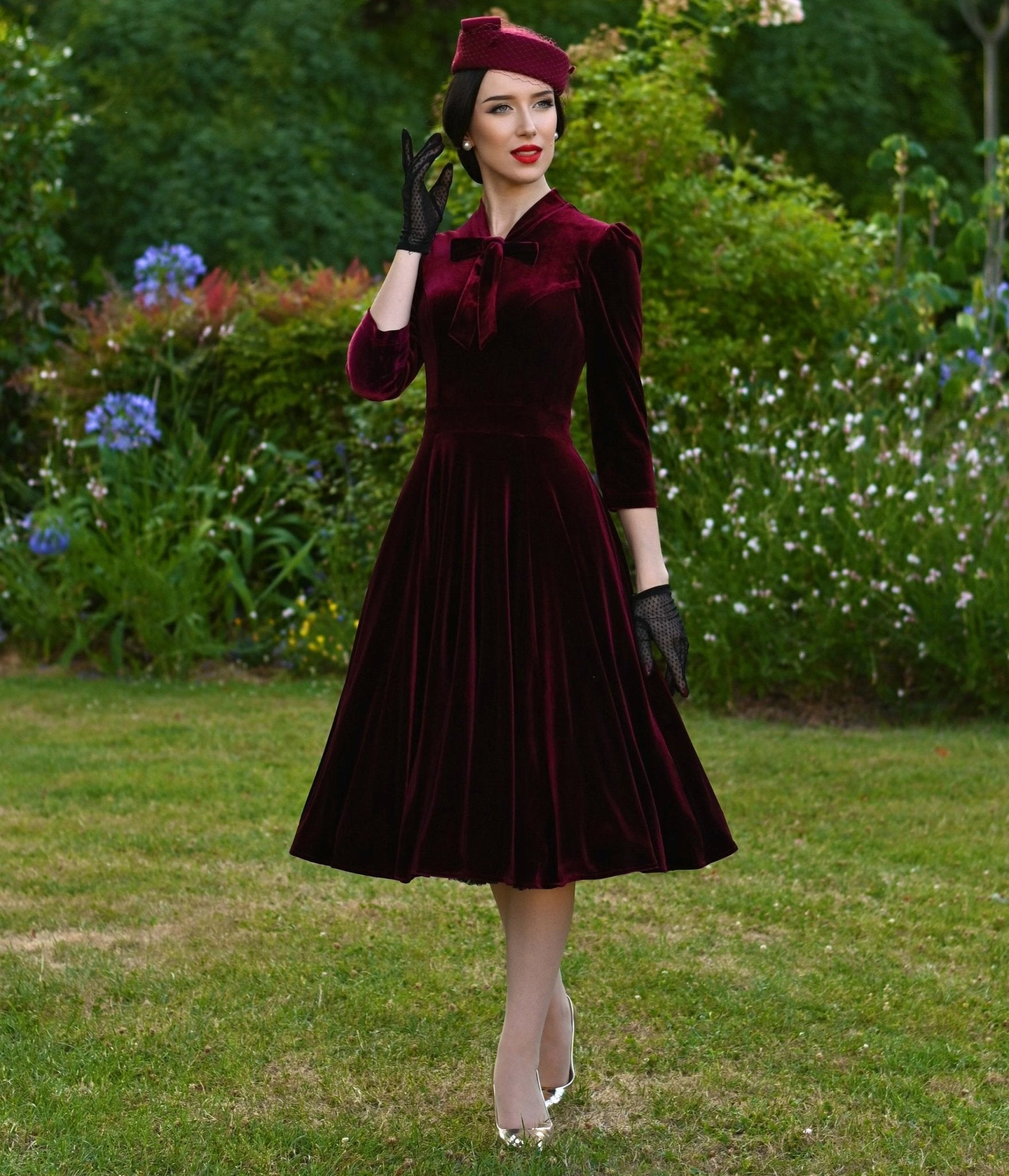Burgundy Velvet Sylvie Swing Dress - Unique Vintage - Womens, DRESSES, SWING
