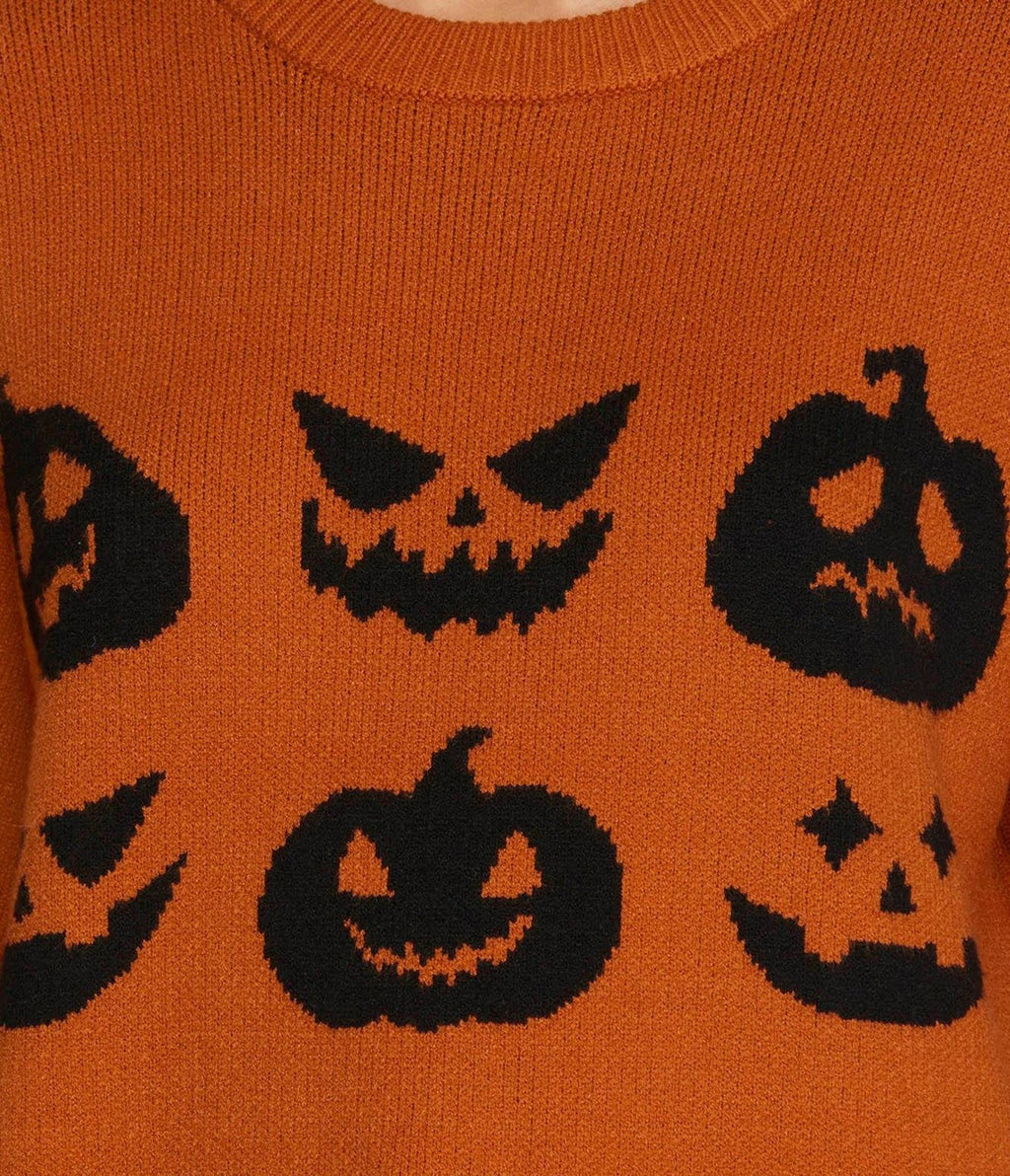 Burnt Orange Jack - O - Lantern Faces Sweater - Unique Vintage - Womens, TOPS, SWEATERS