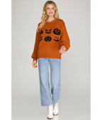 Burnt Orange Jack - O - Lantern Faces Sweater - Unique Vintage - Womens, TOPS, SWEATERS