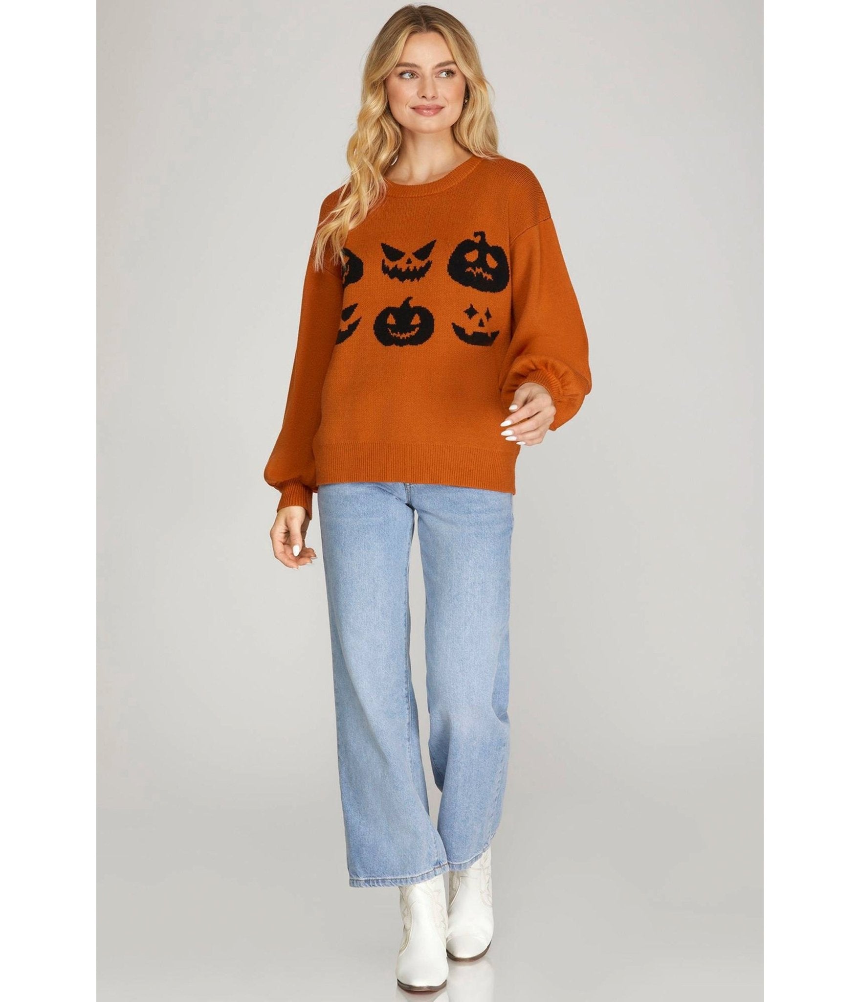 Burnt Orange Jack - O - Lantern Faces Sweater - Unique Vintage - Womens, TOPS, SWEATERS